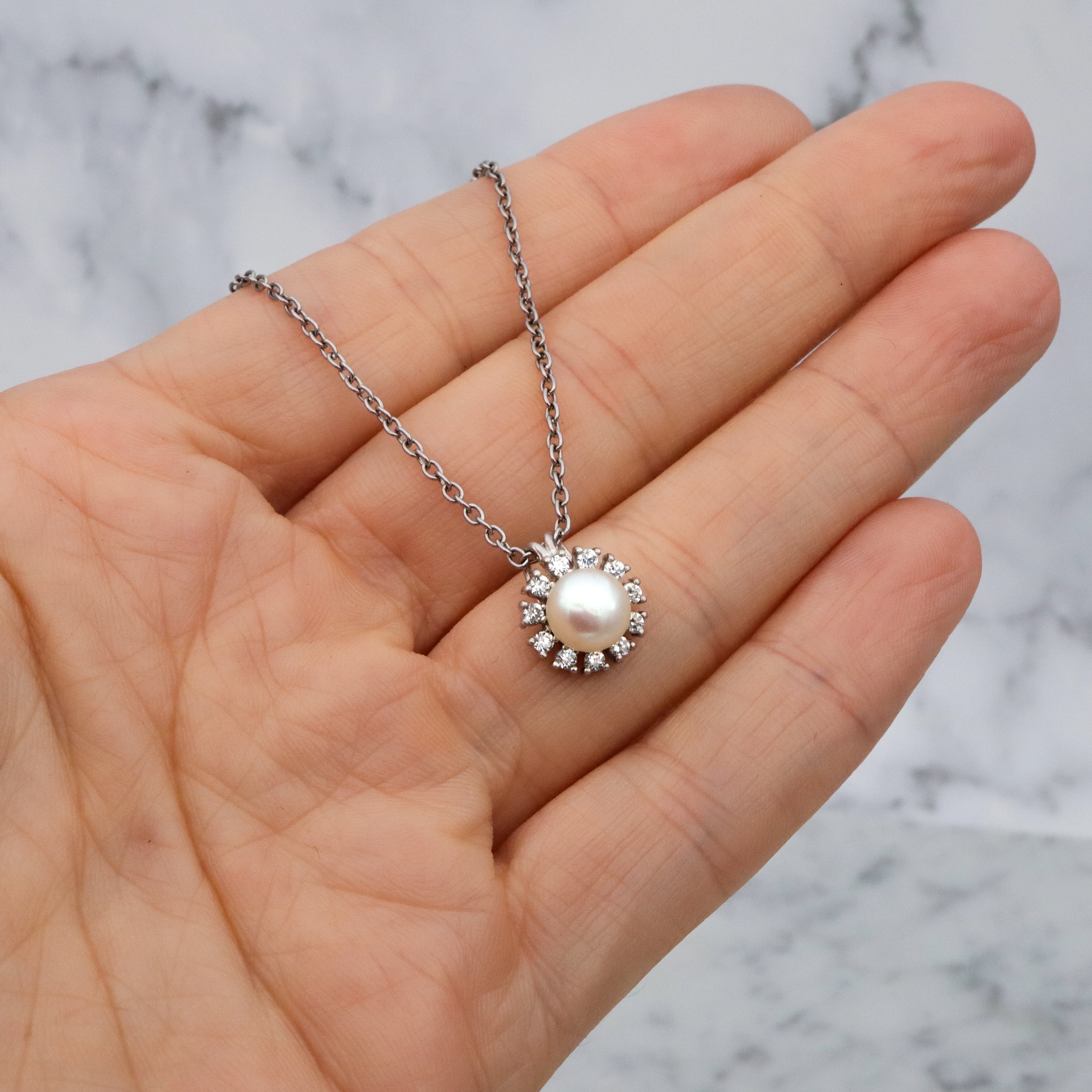 Vintage genuine mabe pearl & cubic zirconia sterling flower pendant