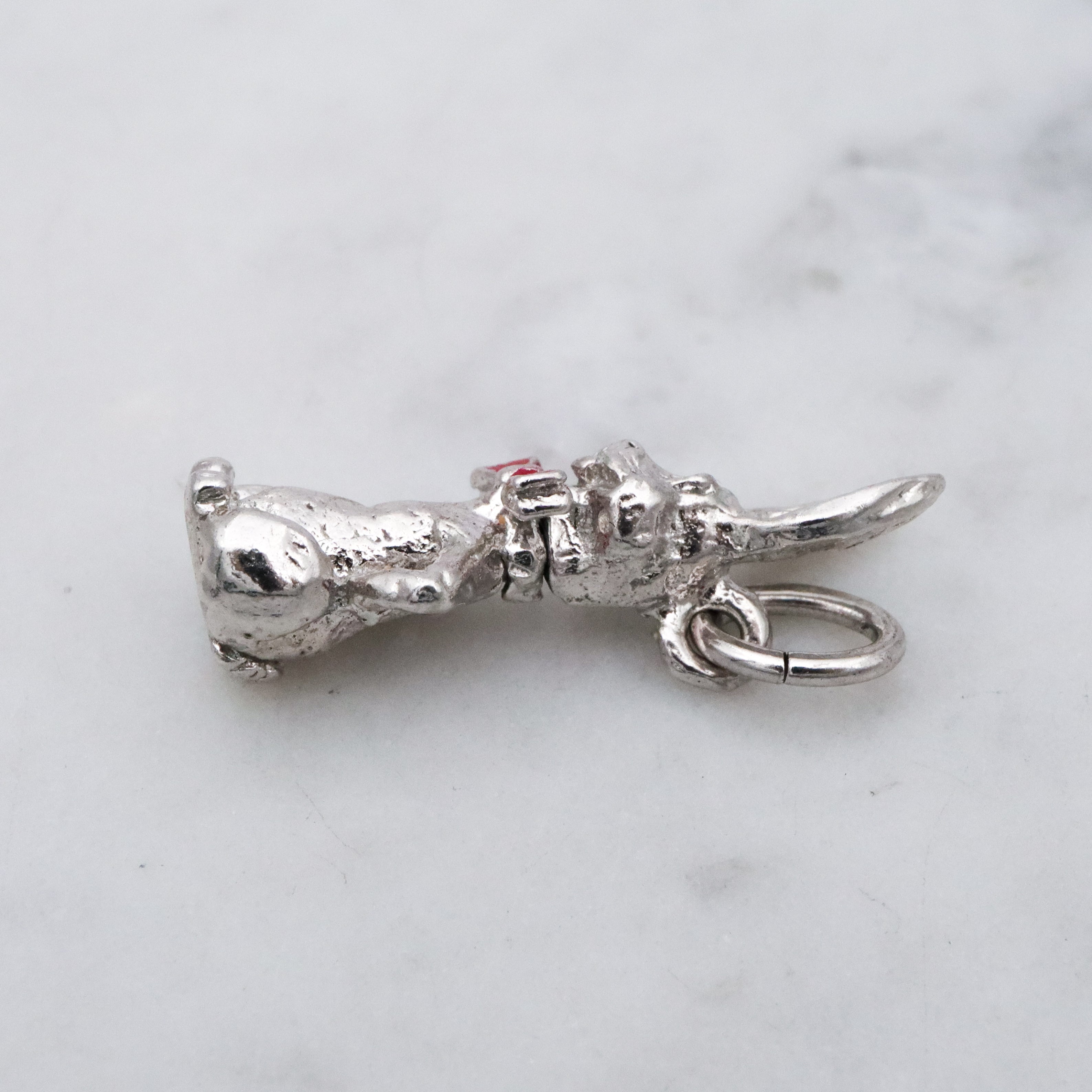 Vintage sterling seated bunny with red bowtie & nodding head