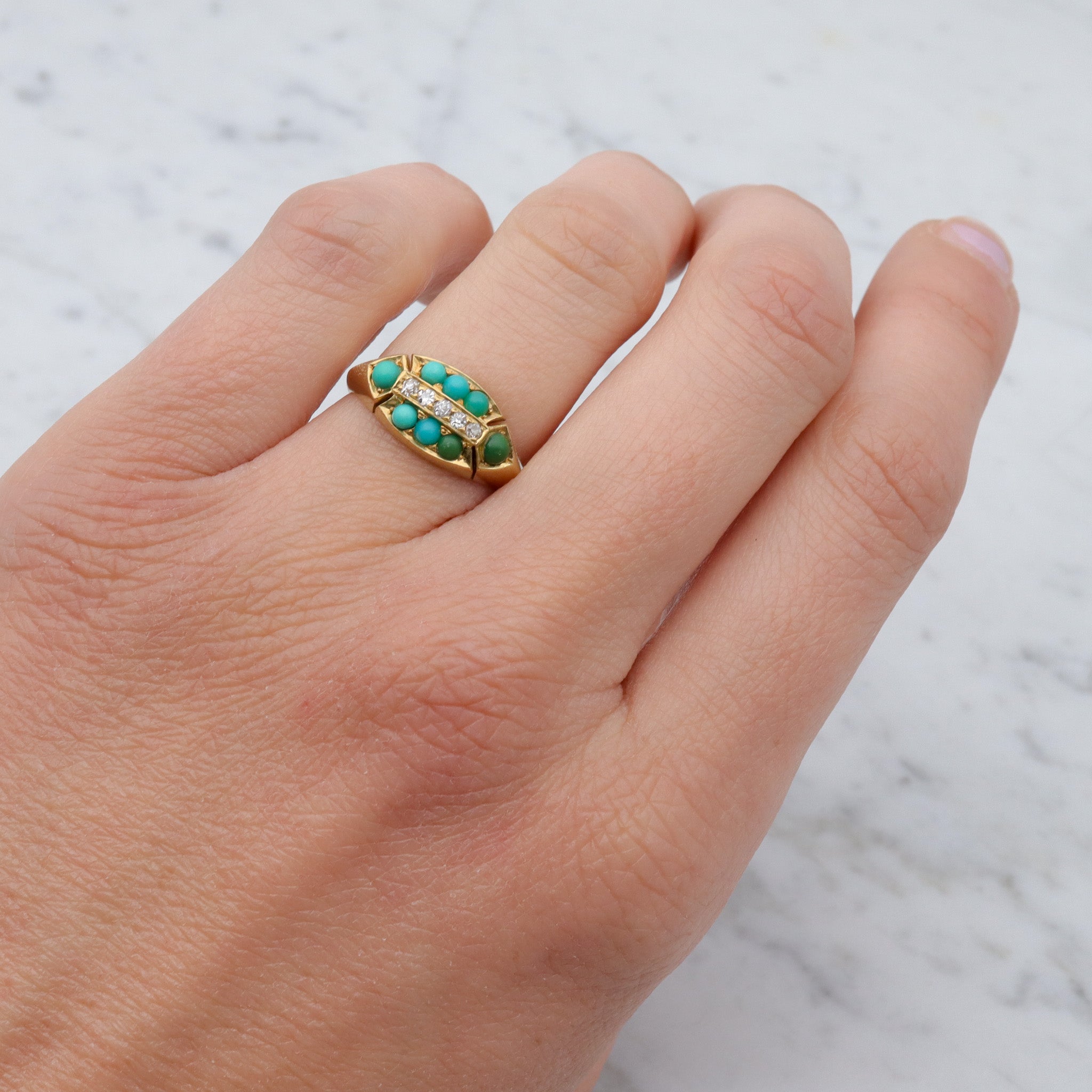 Antique Victorian 18k gold, turquoise & old mine cut diamond ring, sz 6