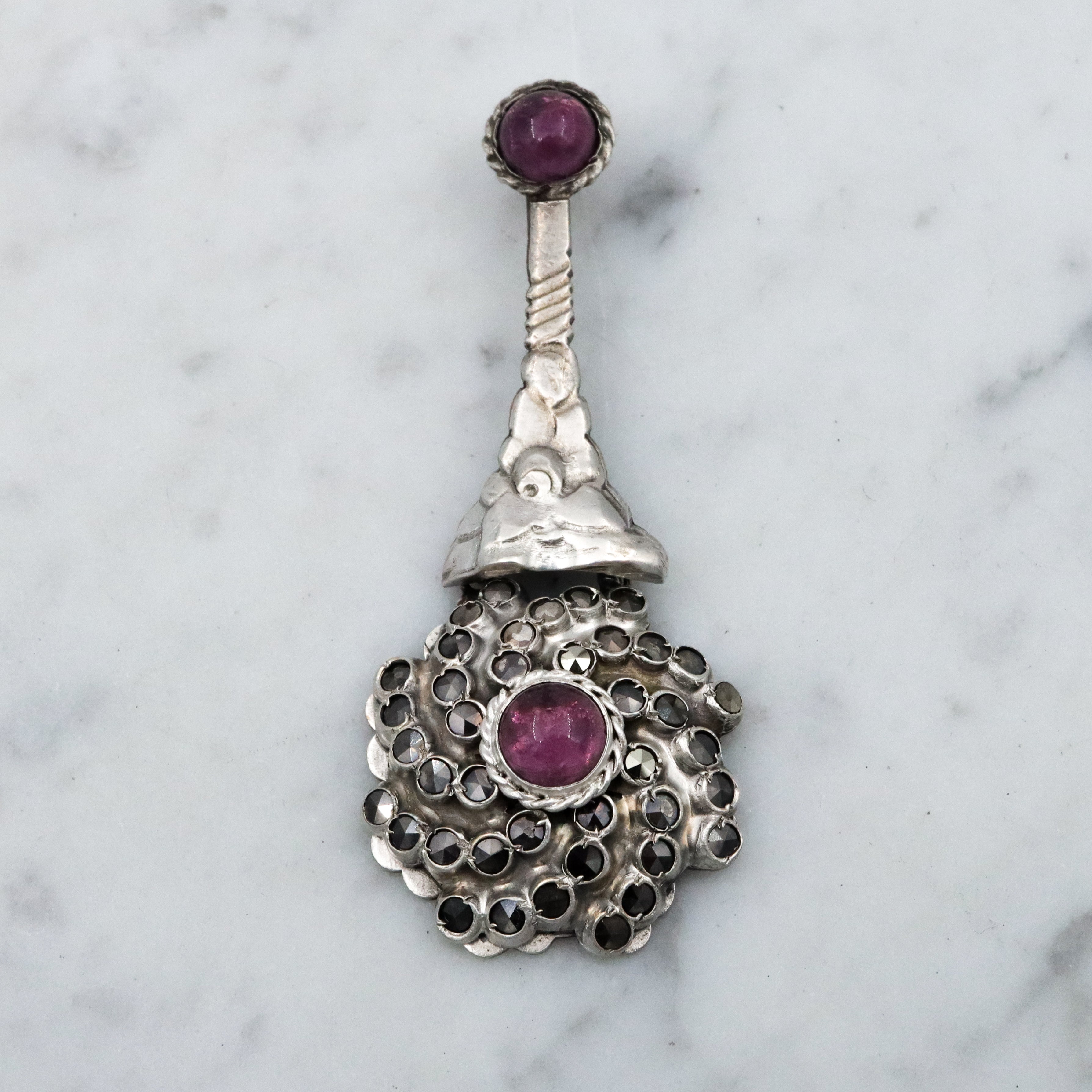 Antique faux amethyst & marcasite swirl sterling drop pendant