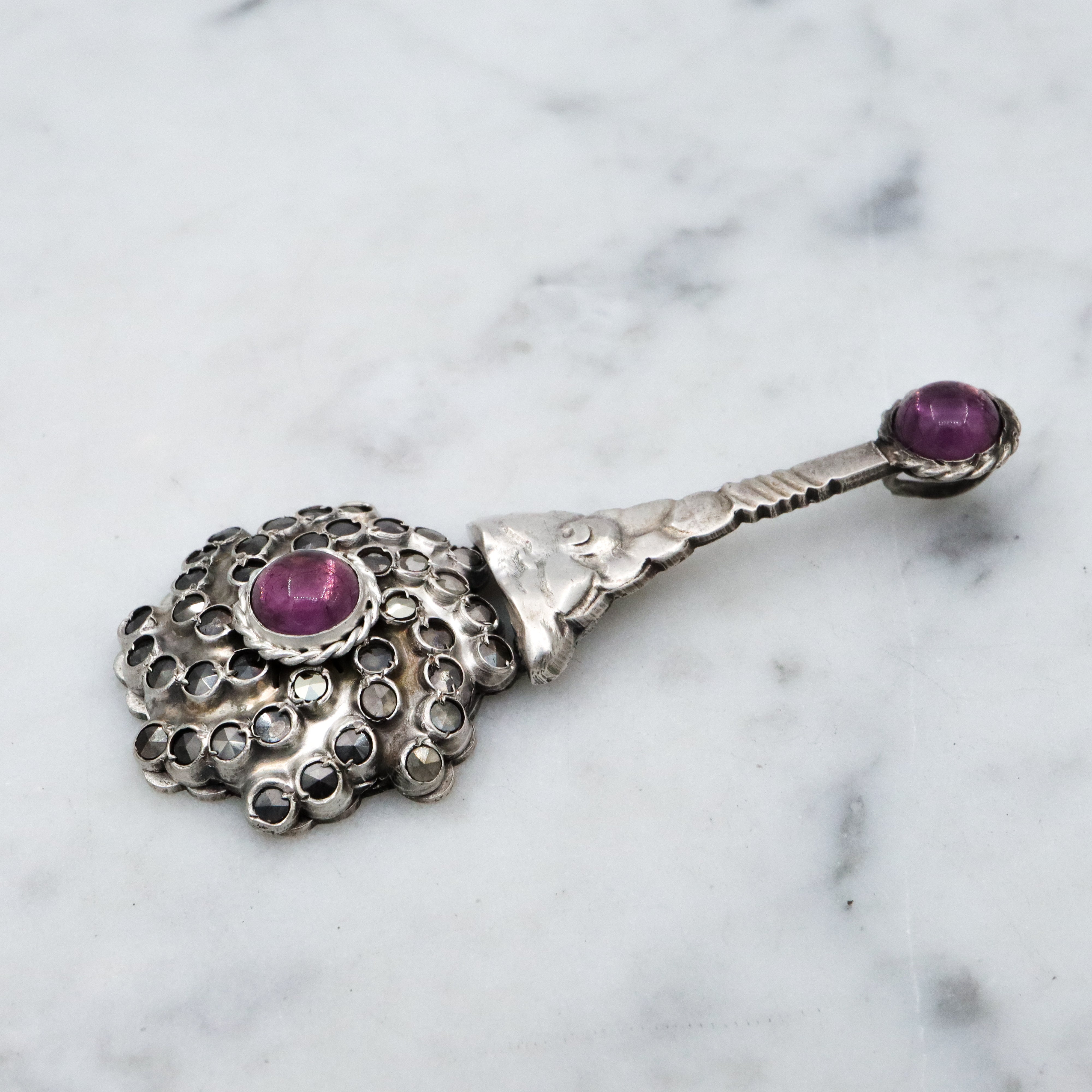 Antique faux amethyst & marcasite swirl sterling drop pendant