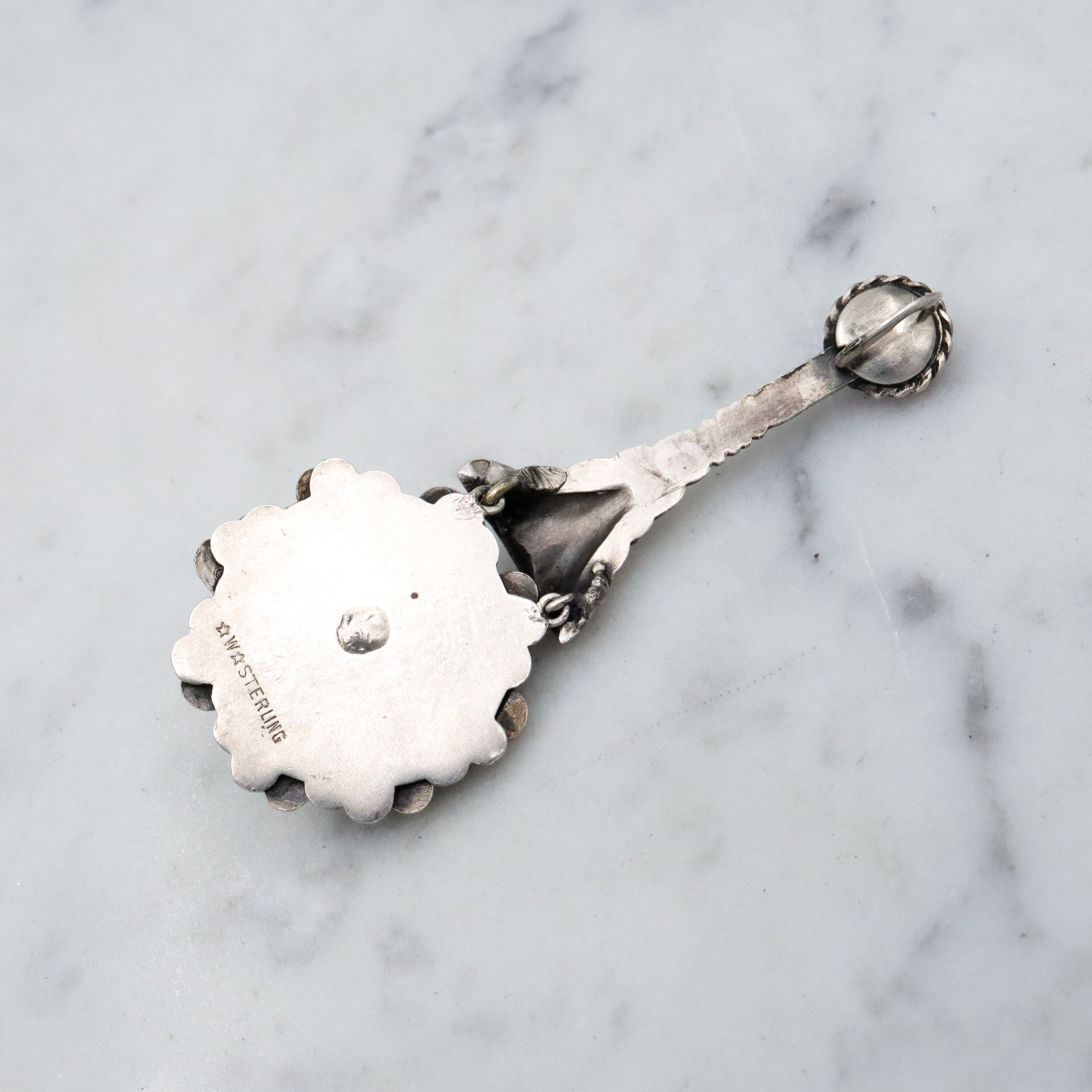 Antique faux amethyst & marcasite swirl sterling drop pendant