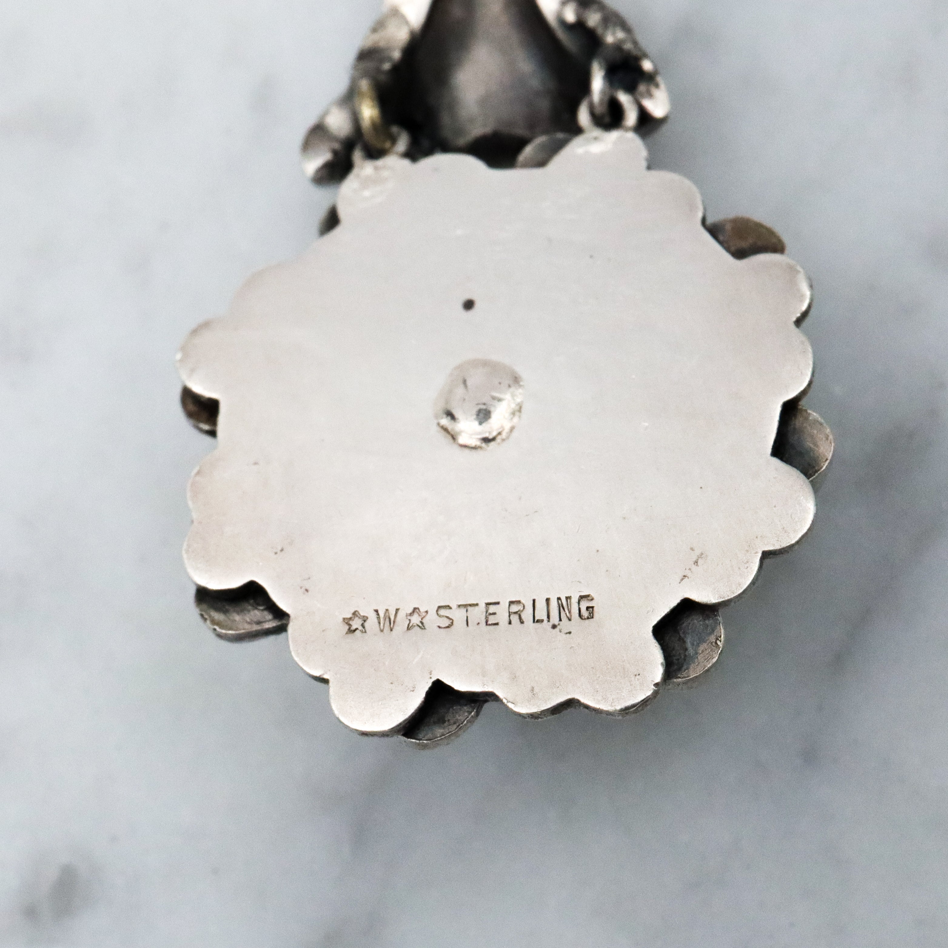 Antique faux amethyst & marcasite swirl sterling drop pendant