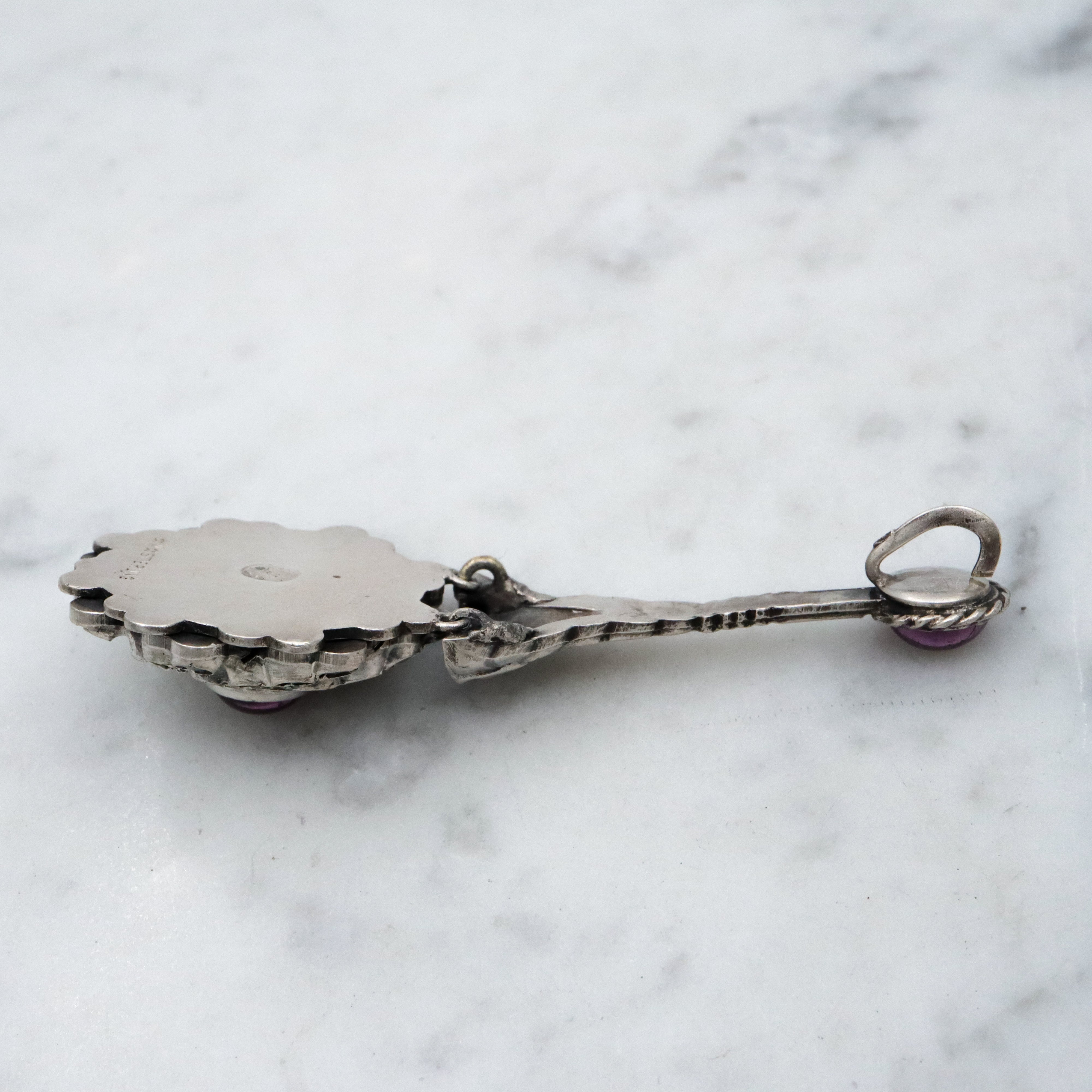 Antique faux amethyst & marcasite swirl sterling drop pendant