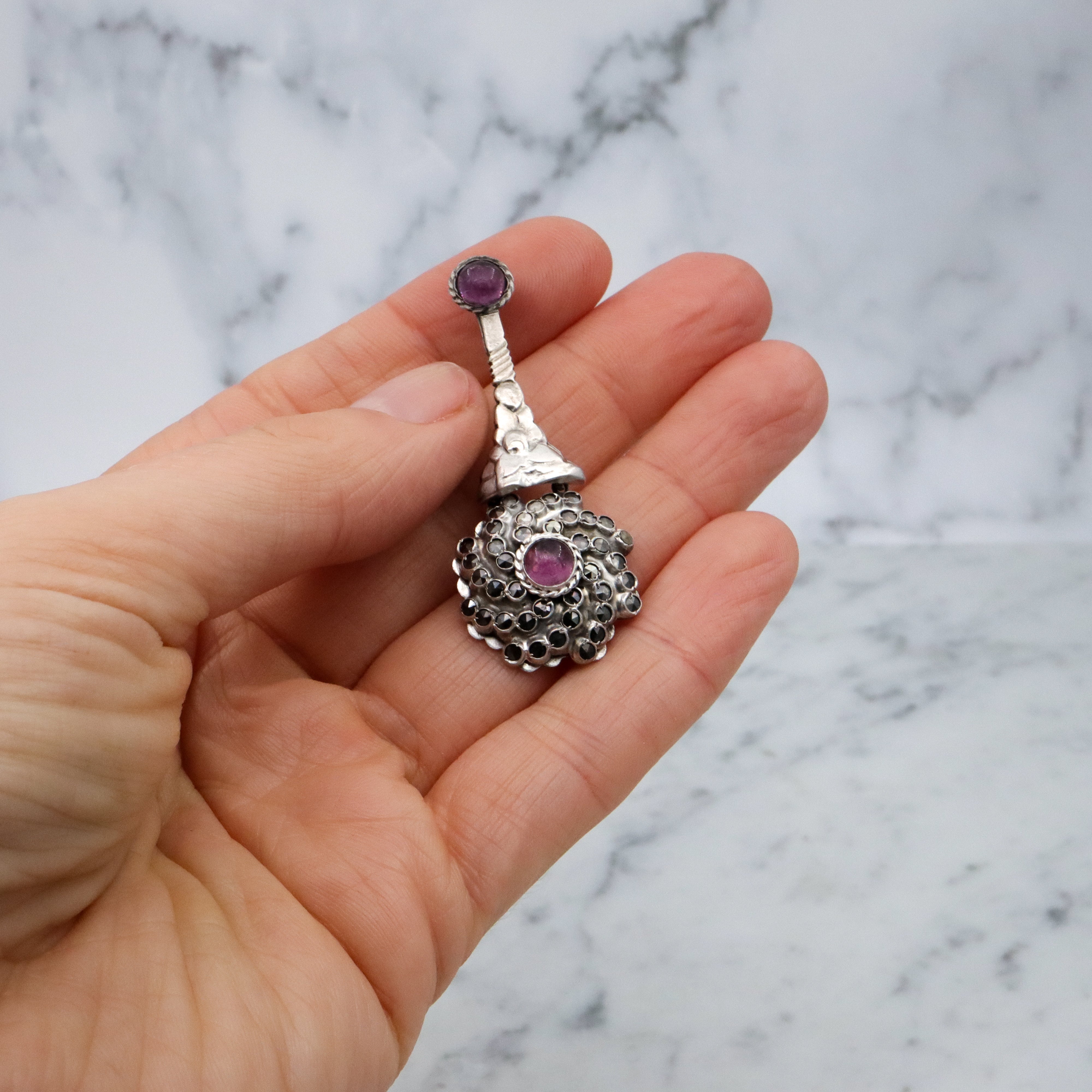 Antique faux amethyst & marcasite swirl sterling drop pendant