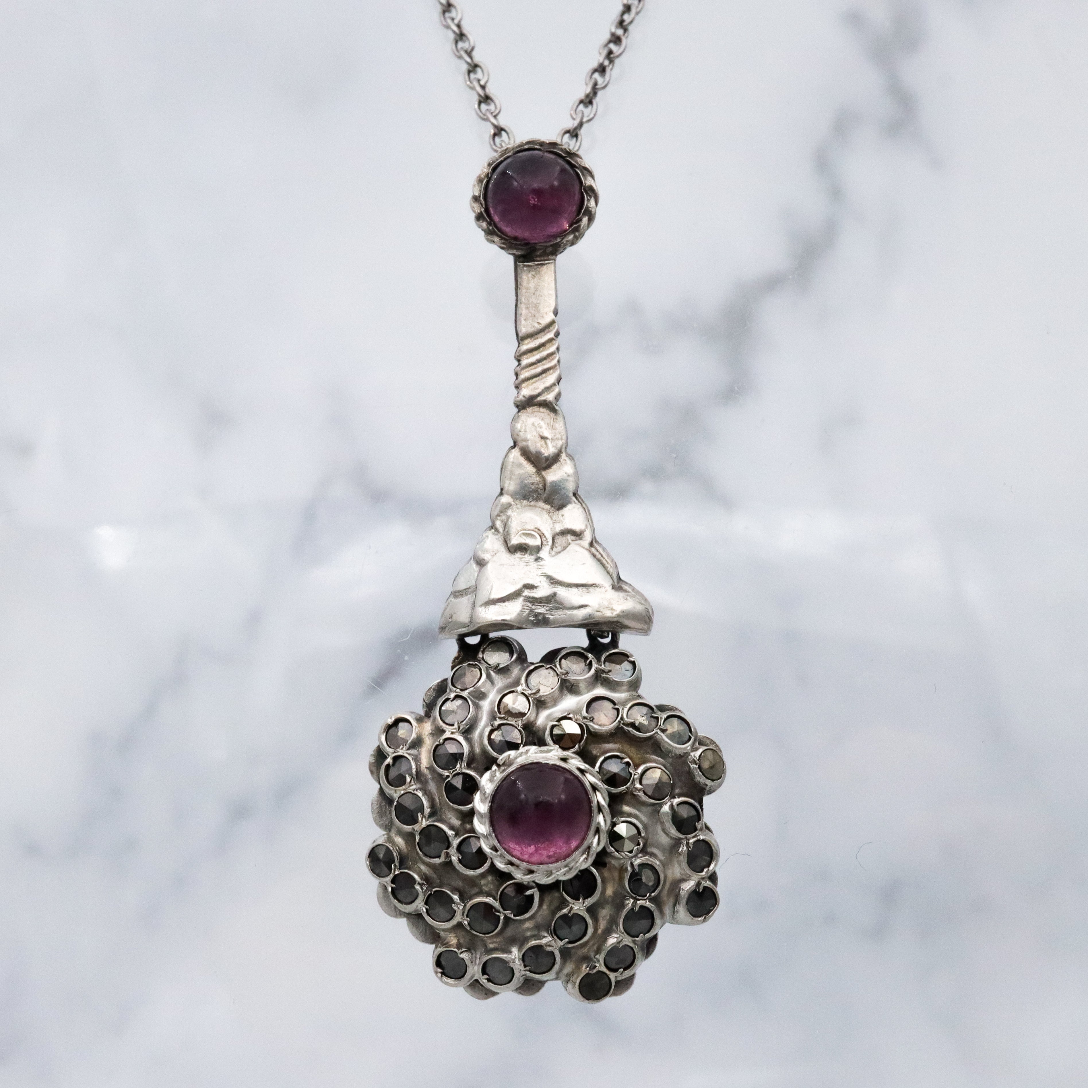 Antique faux amethyst & marcasite swirl sterling drop pendant