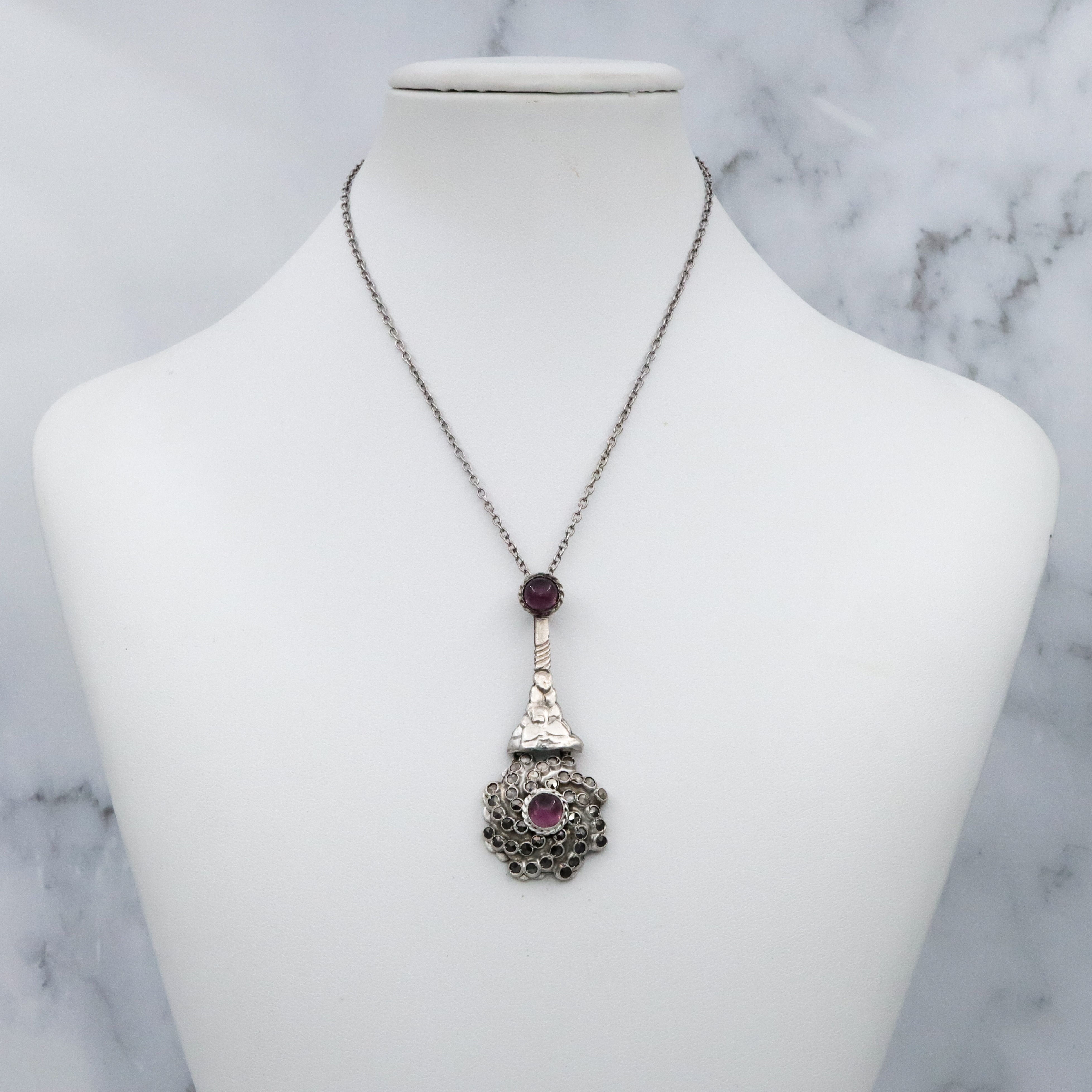 Antique faux amethyst & marcasite swirl sterling drop pendant