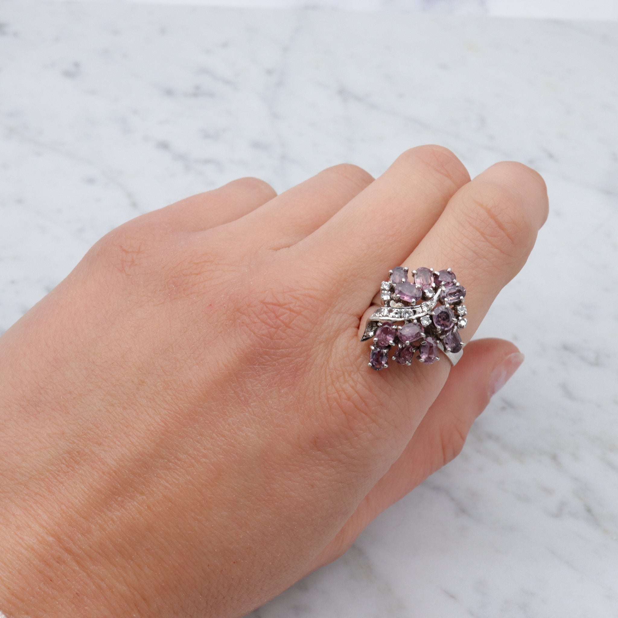 Vintage sterling, pink spinel & quartz crystal cocktail ring, sz 8