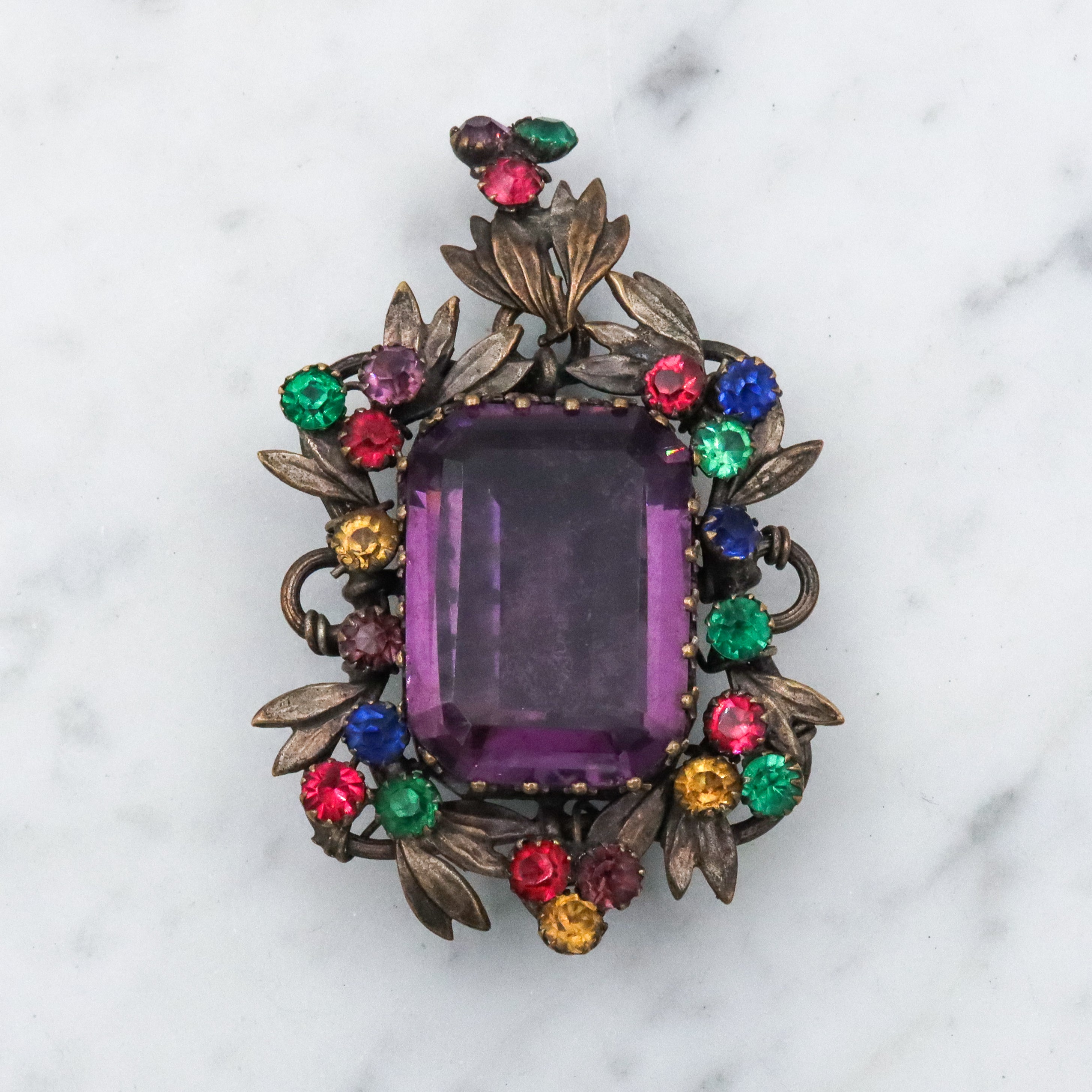 Antique harlequin Czech crystal faux amethyst floral locket pendant