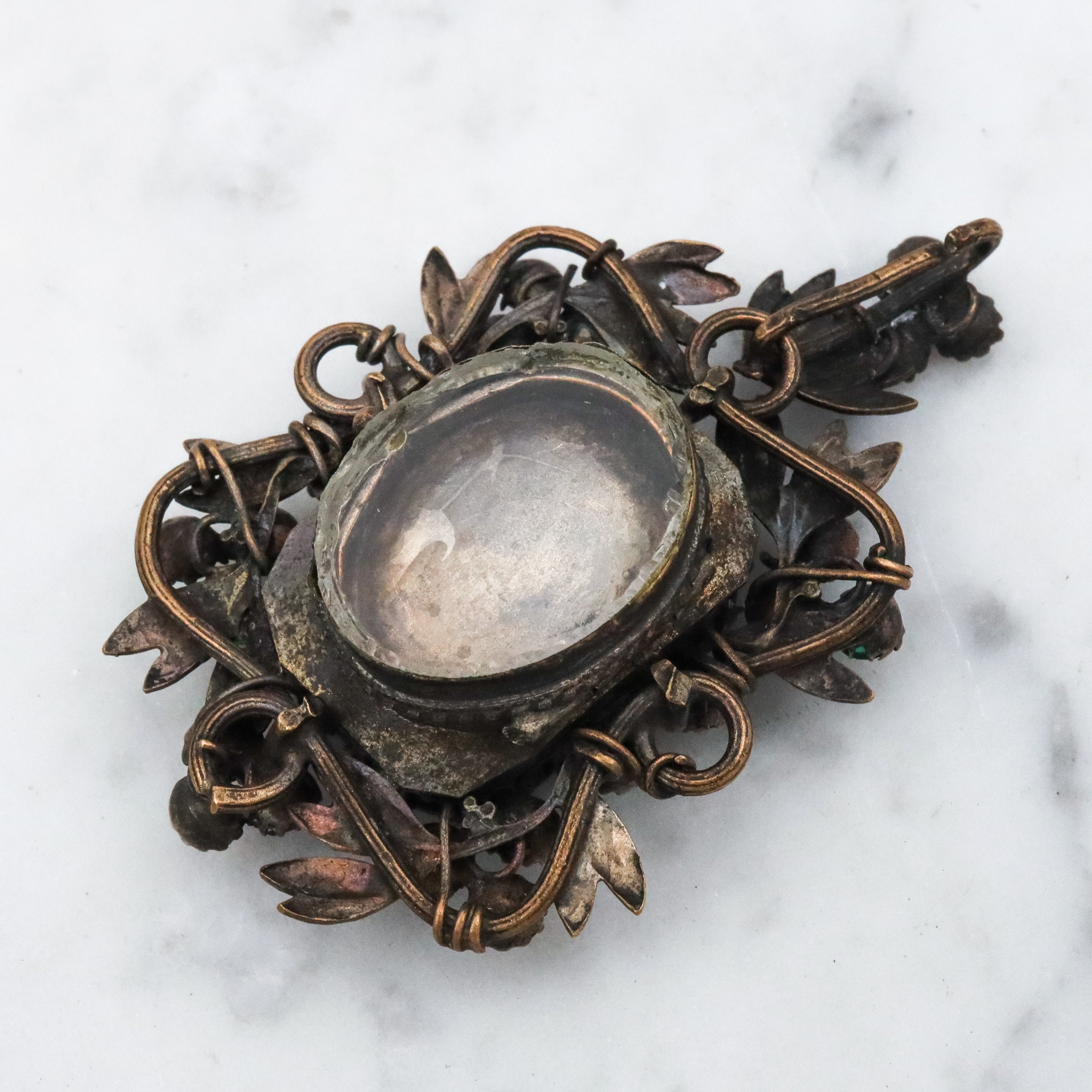 Antique harlequin Czech crystal faux amethyst floral locket pendant