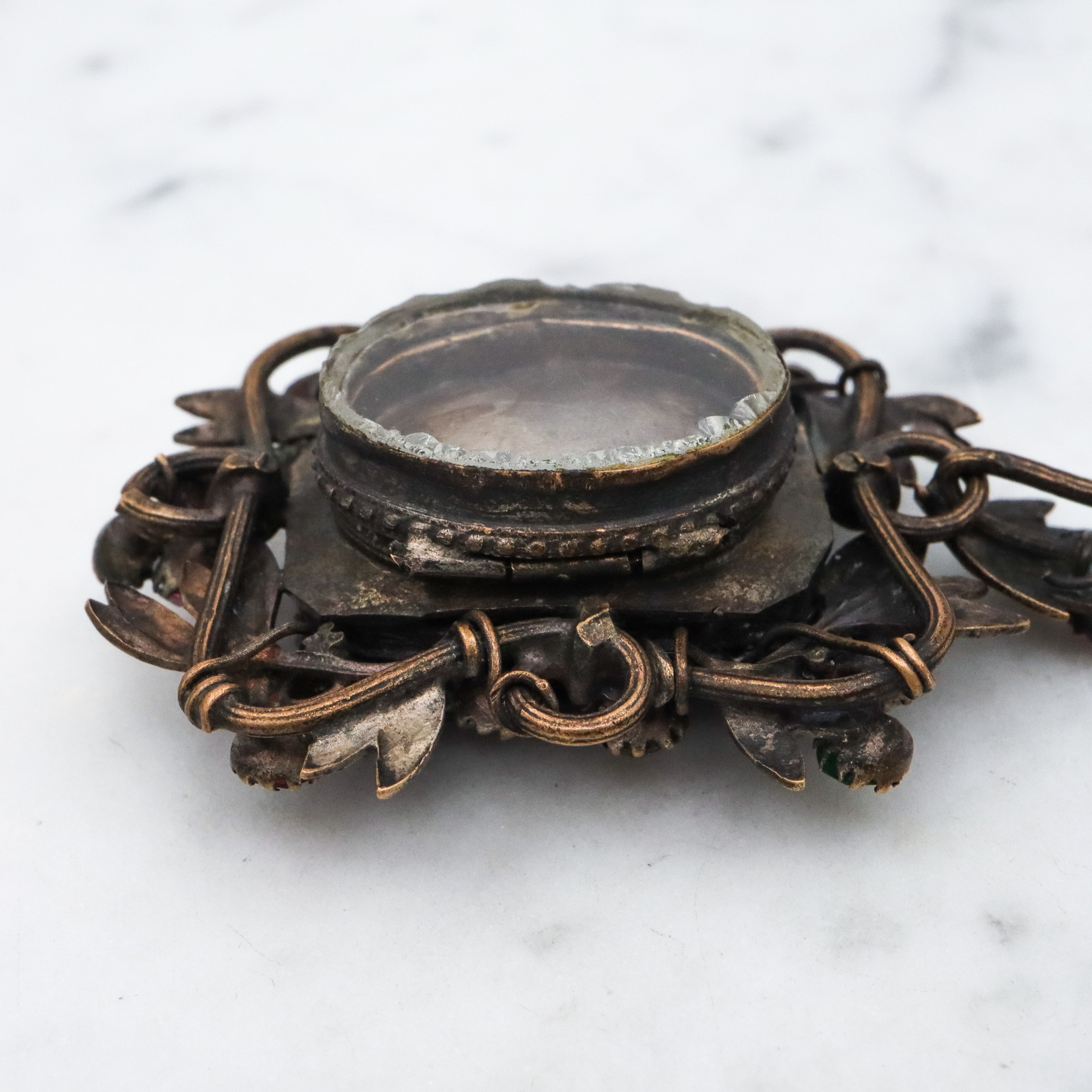 Antique harlequin Czech crystal faux amethyst floral locket pendant