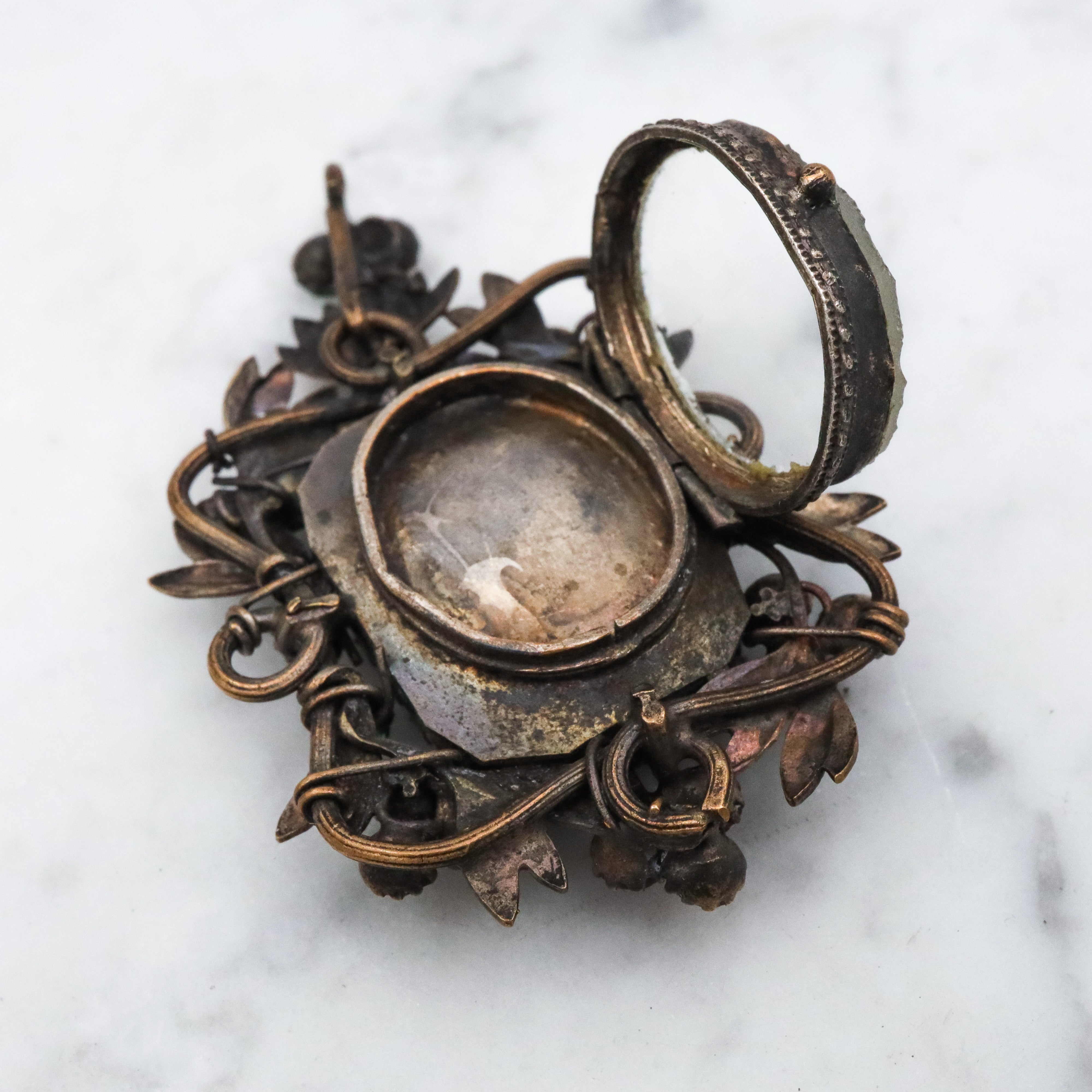 Antique harlequin Czech crystal faux amethyst floral locket pendant