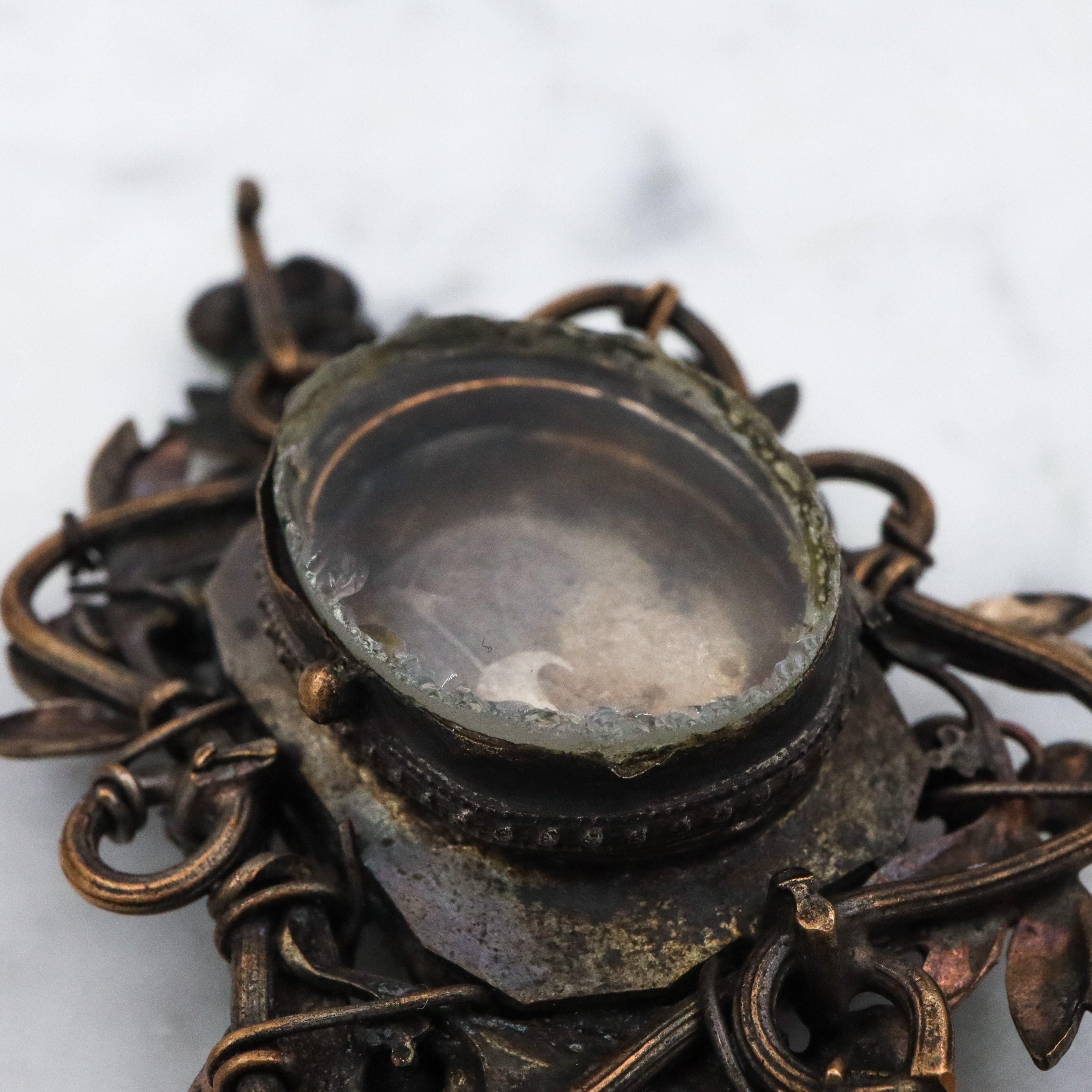 Antique harlequin Czech crystal faux amethyst floral locket pendant