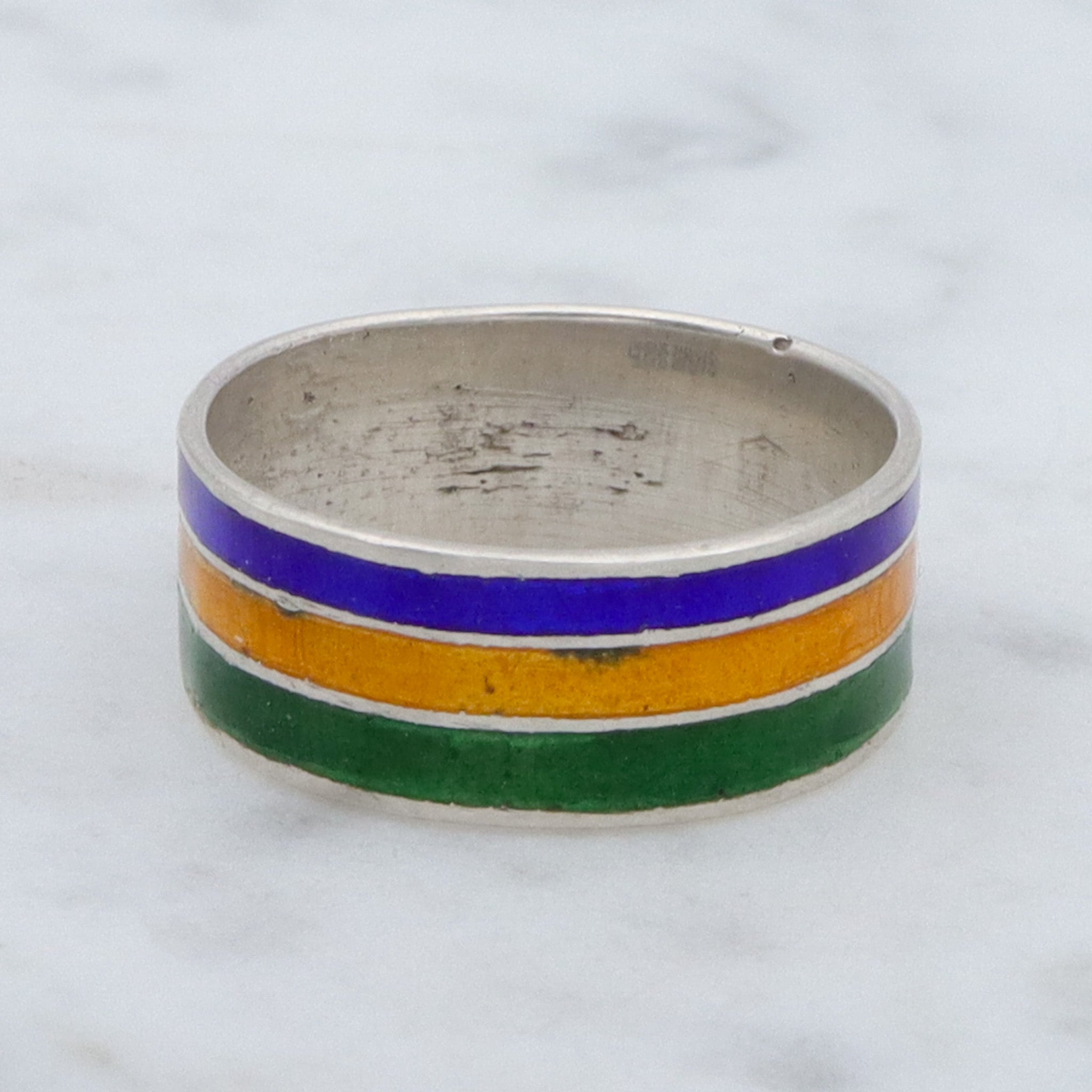Vintage Siam sterling, green, yellow & blue enamel band, sz 5