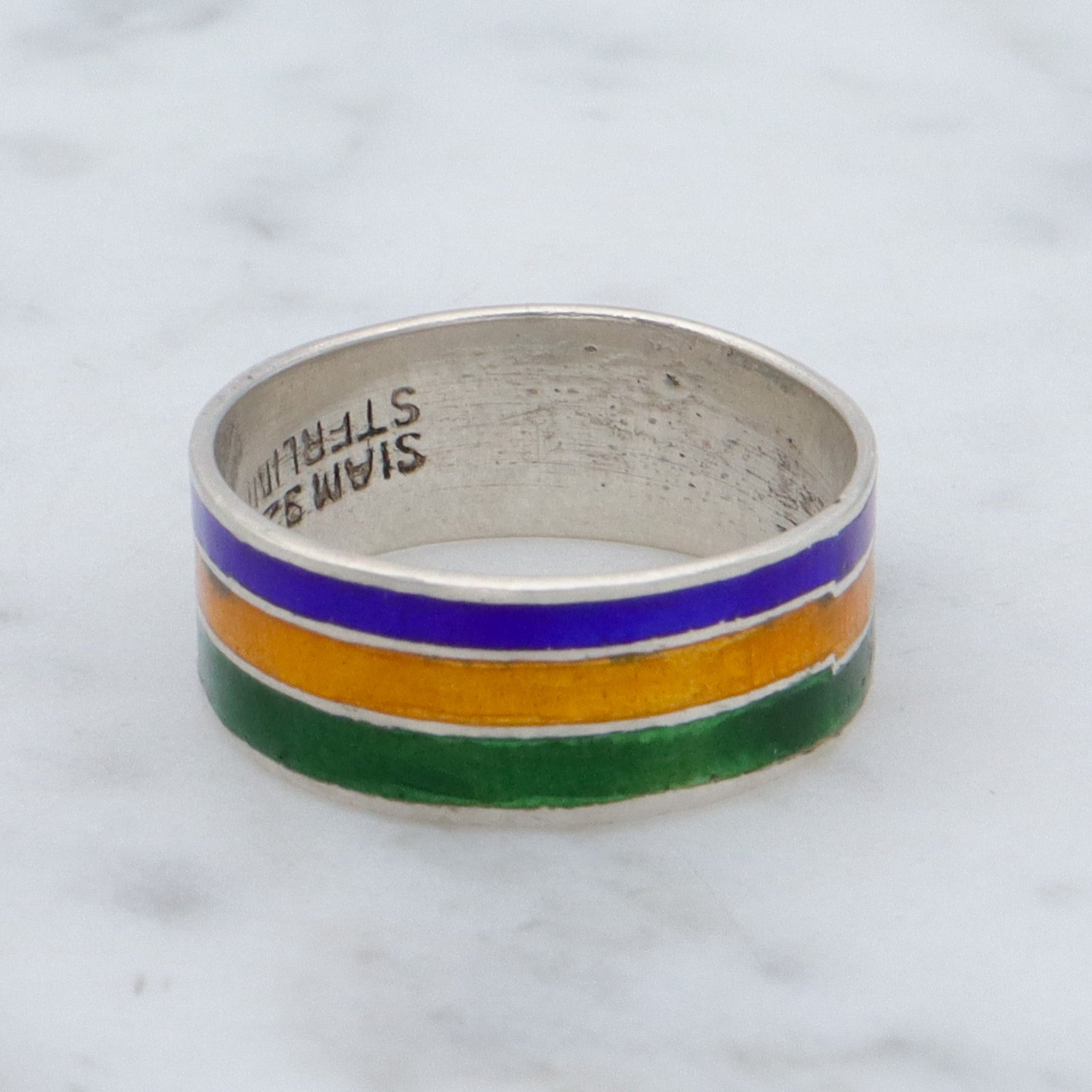 Vintage Siam sterling, green, yellow & blue enamel band, sz 5