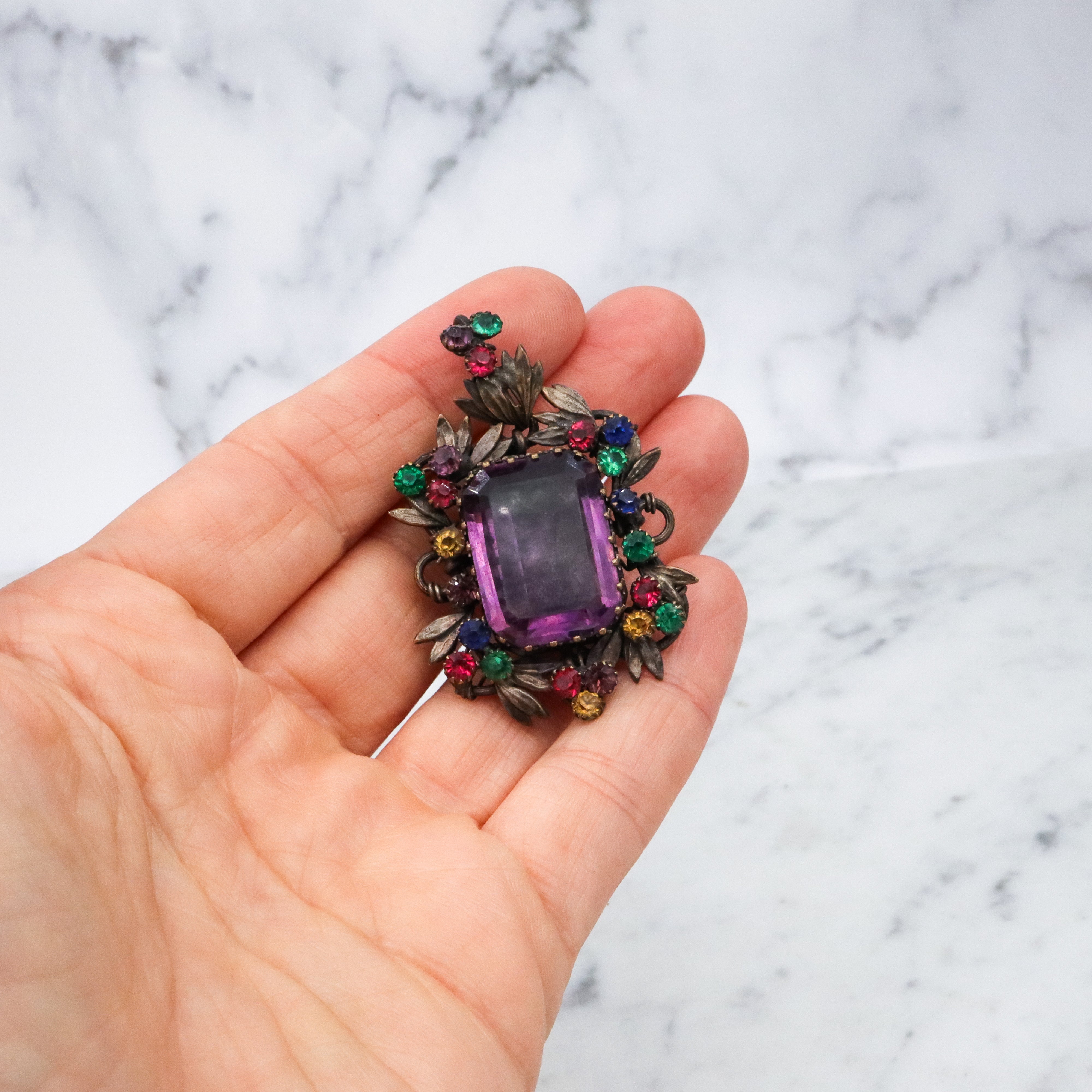 Antique harlequin Czech crystal faux amethyst floral locket pendant