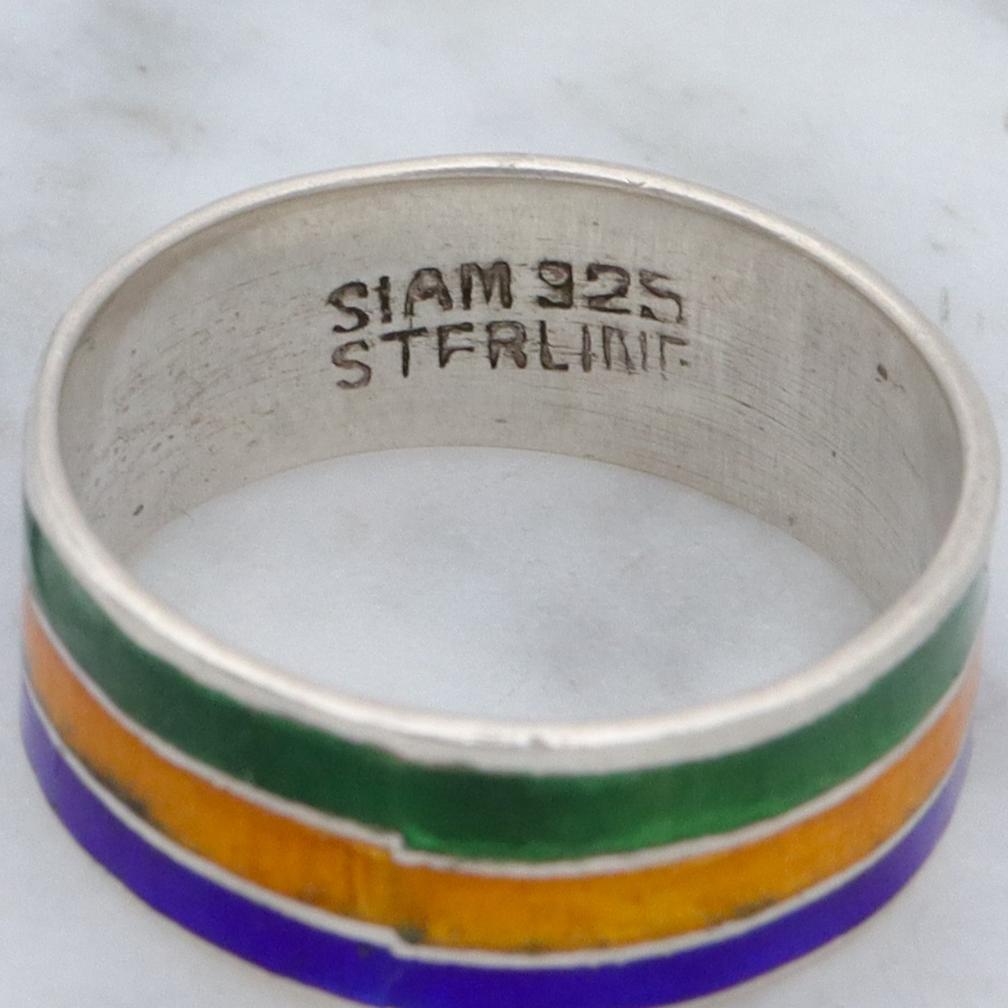 Vintage Siam sterling, green, yellow & blue enamel band, sz 5