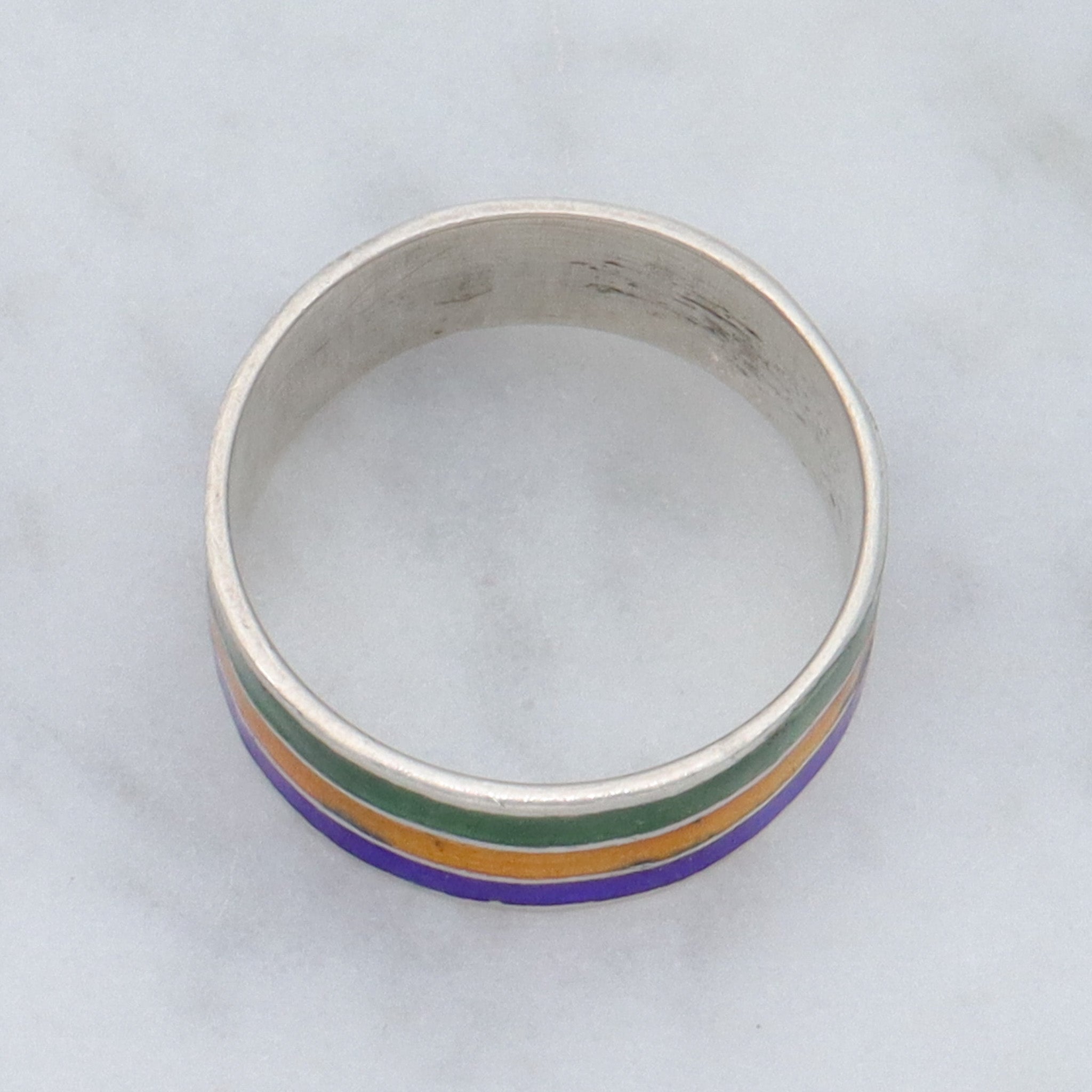 Vintage Siam sterling, green, yellow & blue enamel band, sz 5