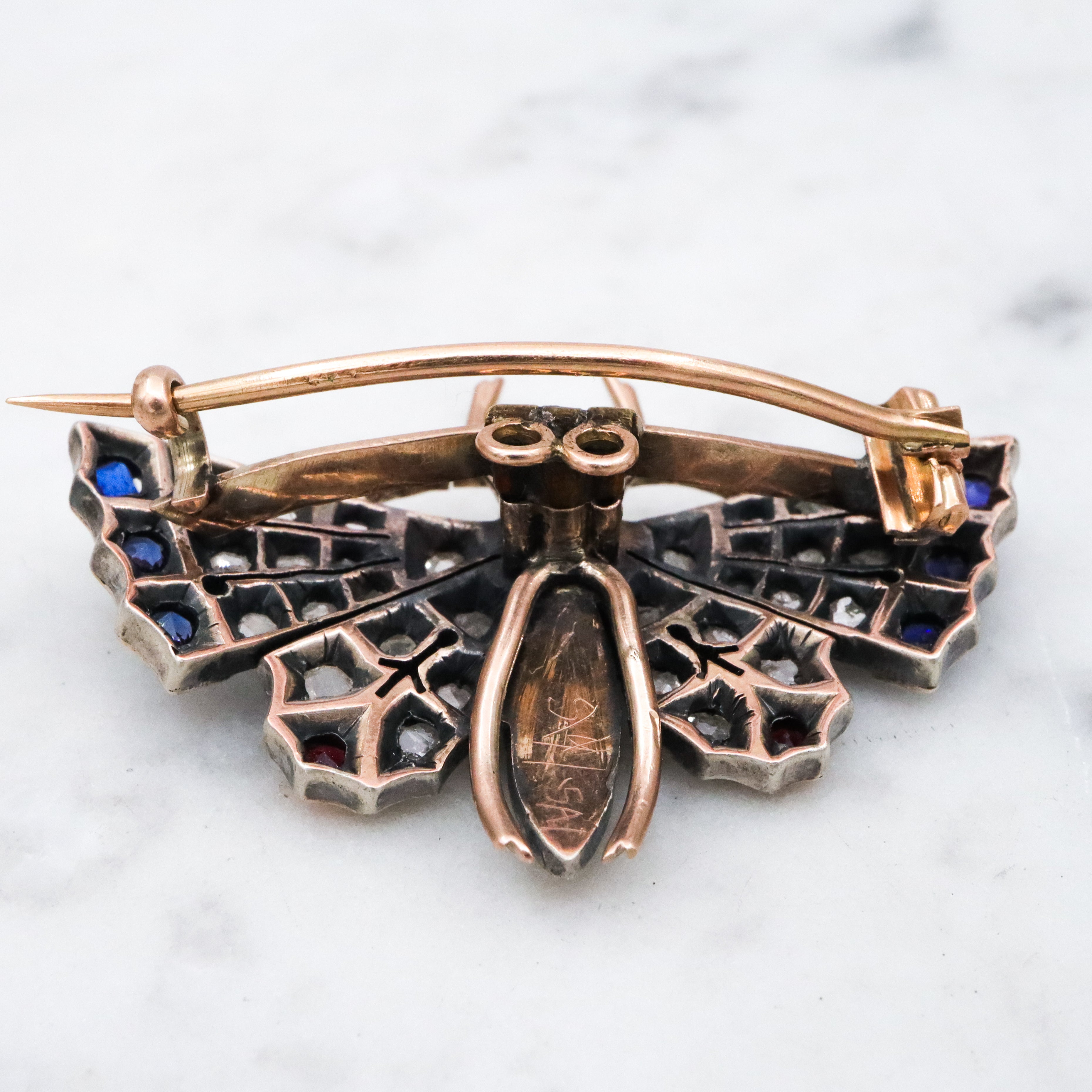 Antique Victorian rose cut diamond, ruby, & sapphire butterfly brooch