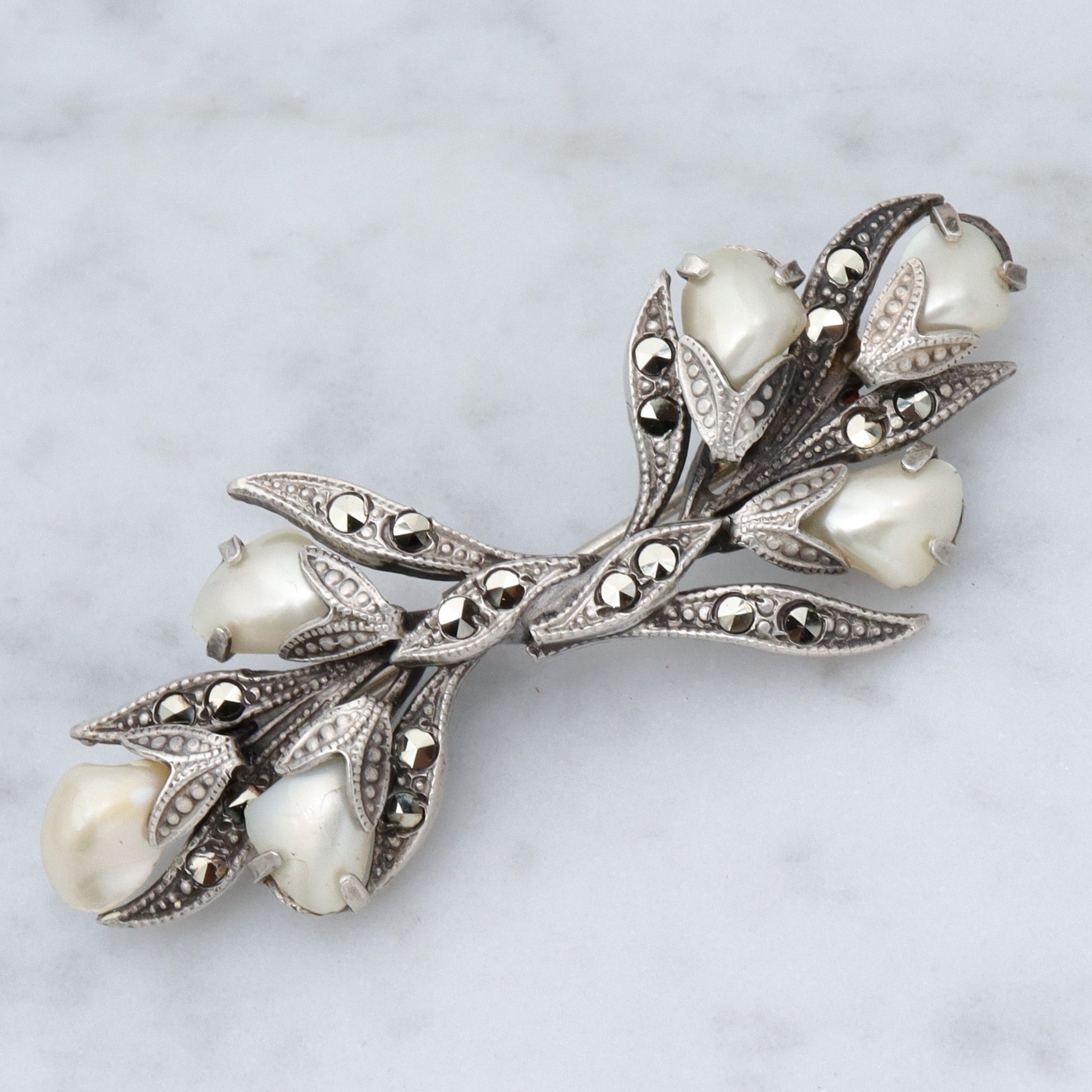 Antique Art Deco sterling, baby tooth pearl & marcasite floral spray brooch