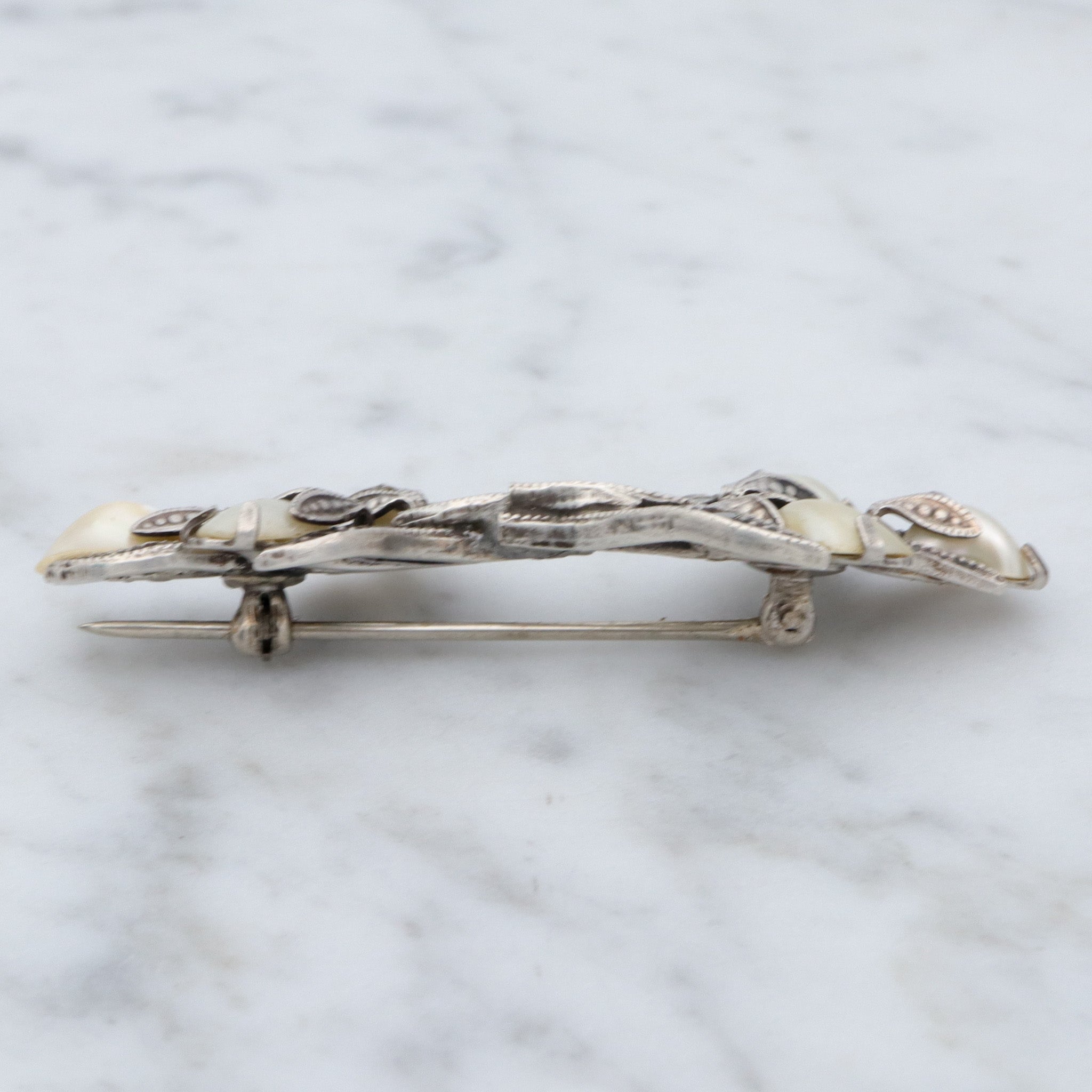 Antique Art Deco sterling, baby tooth pearl & marcasite floral spray brooch