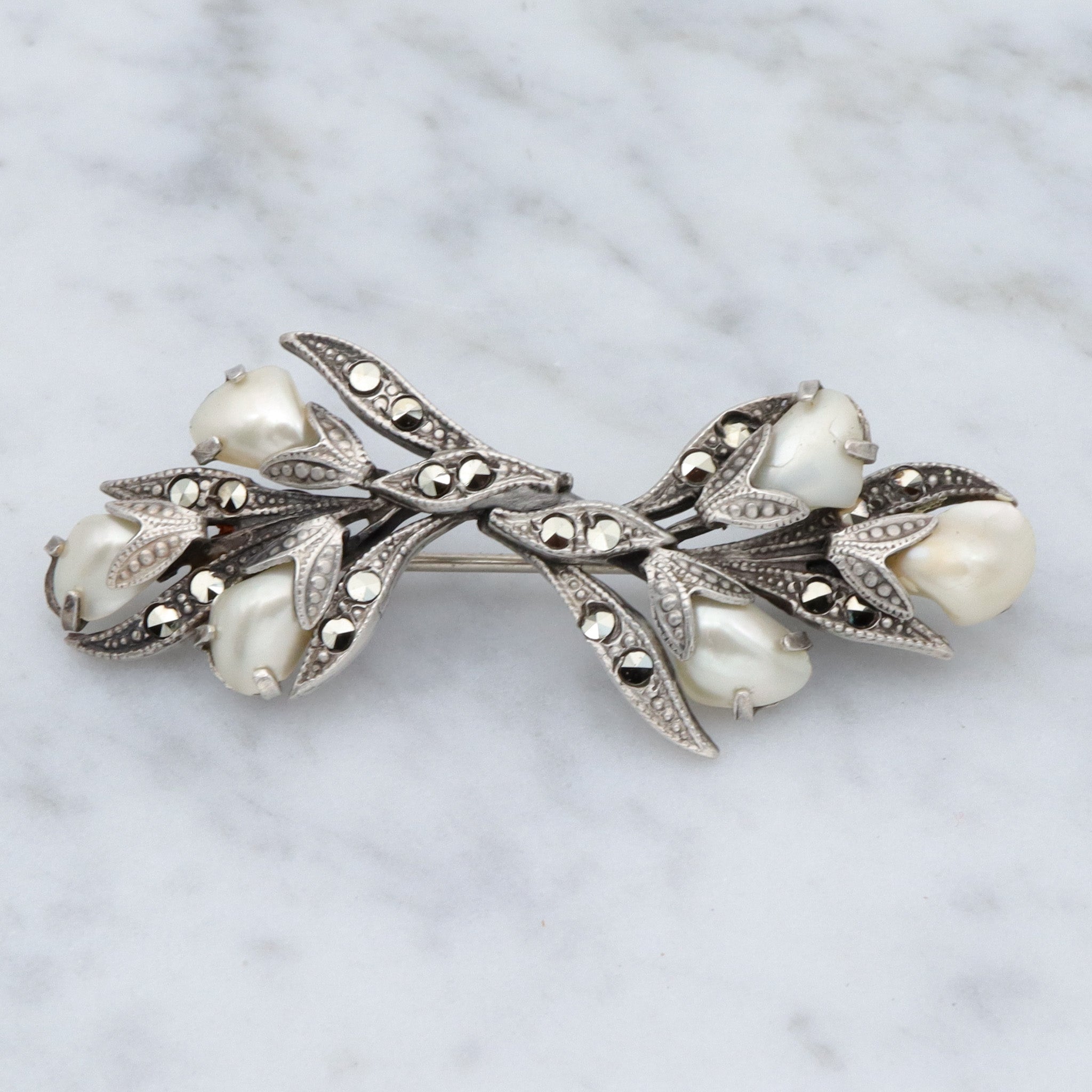 Antique Art Deco sterling, baby tooth pearl & marcasite floral spray brooch