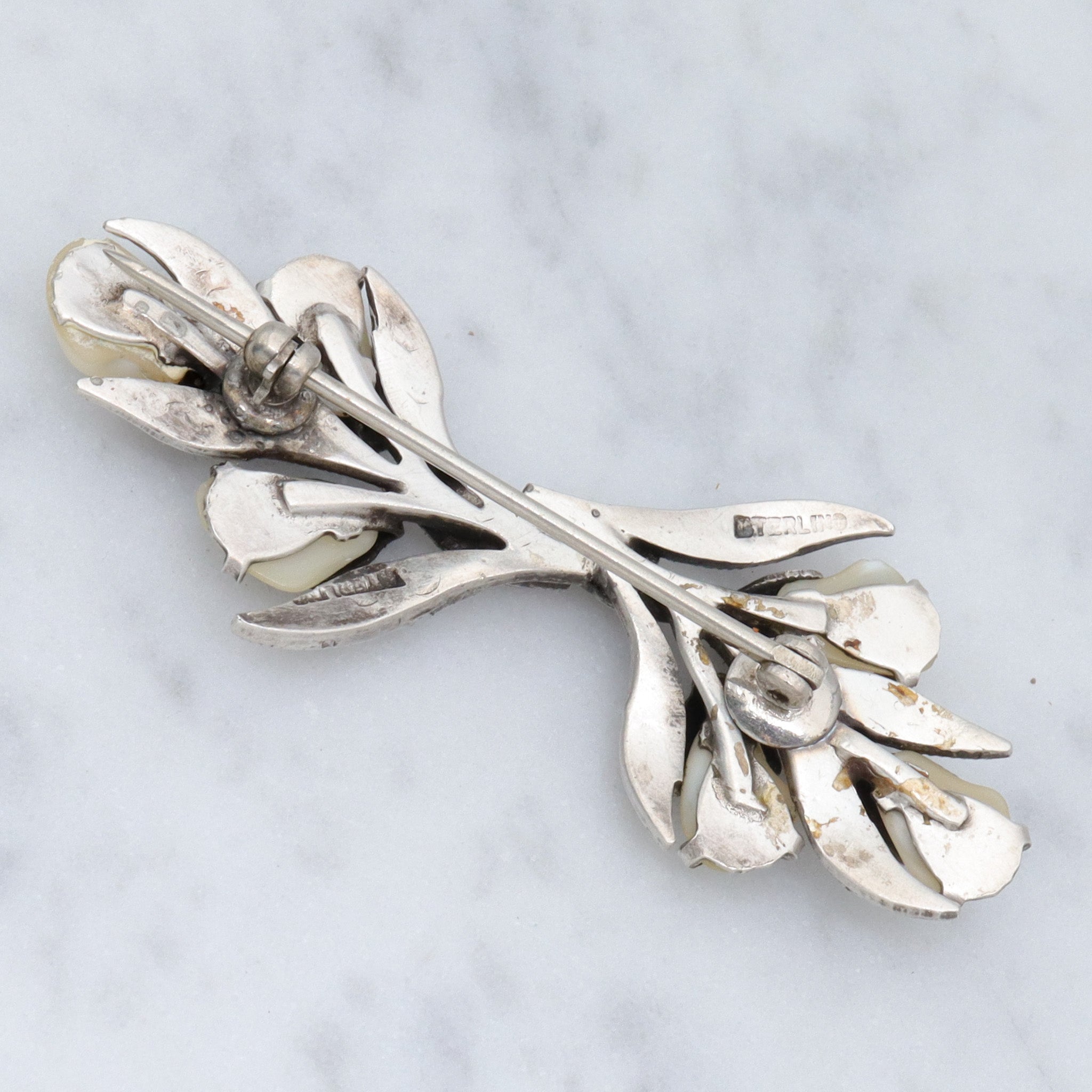 Antique Art Deco sterling, baby tooth pearl & marcasite floral spray brooch