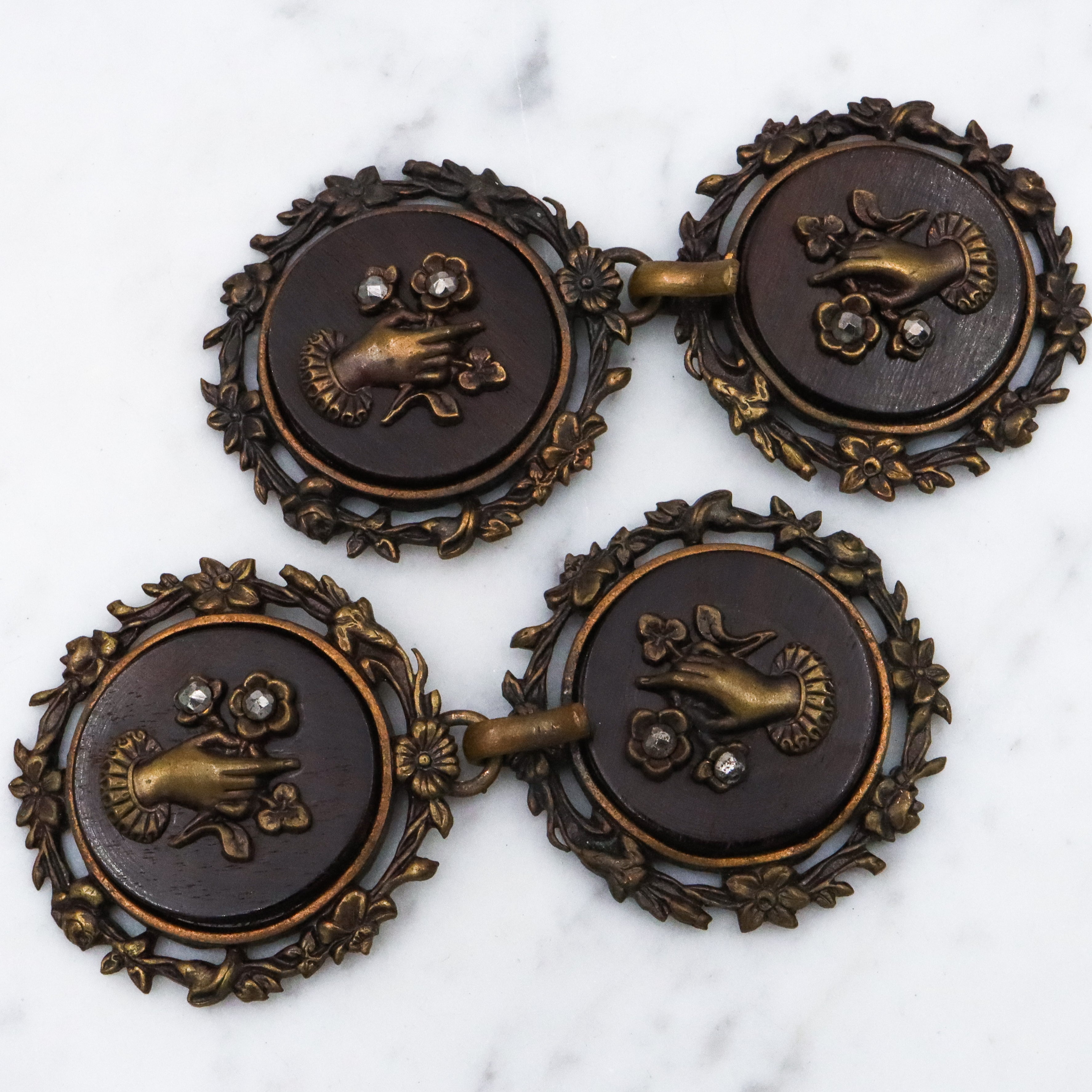 Group of two Antique Victorian brass, wood, & cut steel buckles