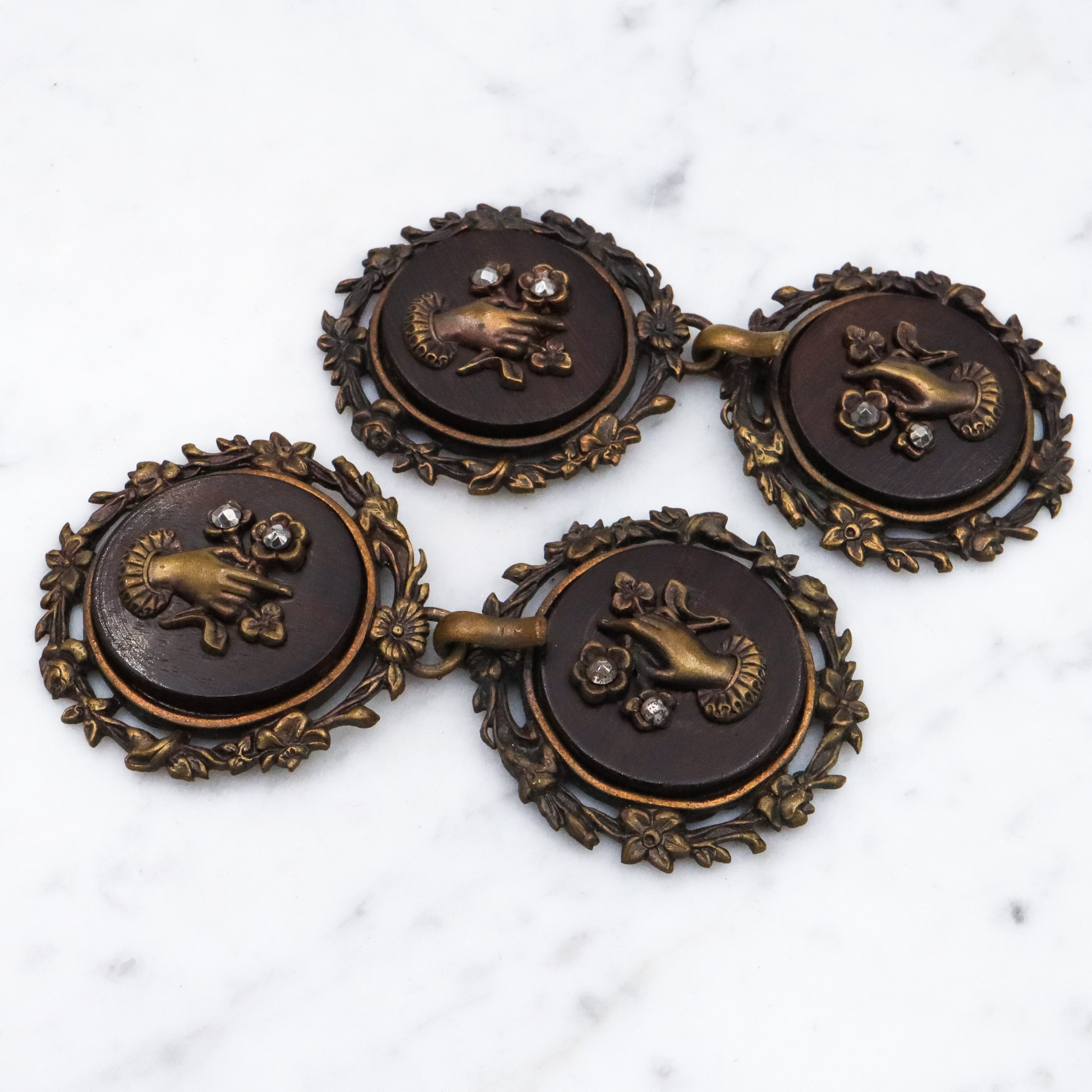 Group of two Antique Victorian brass, wood, & cut steel buckles