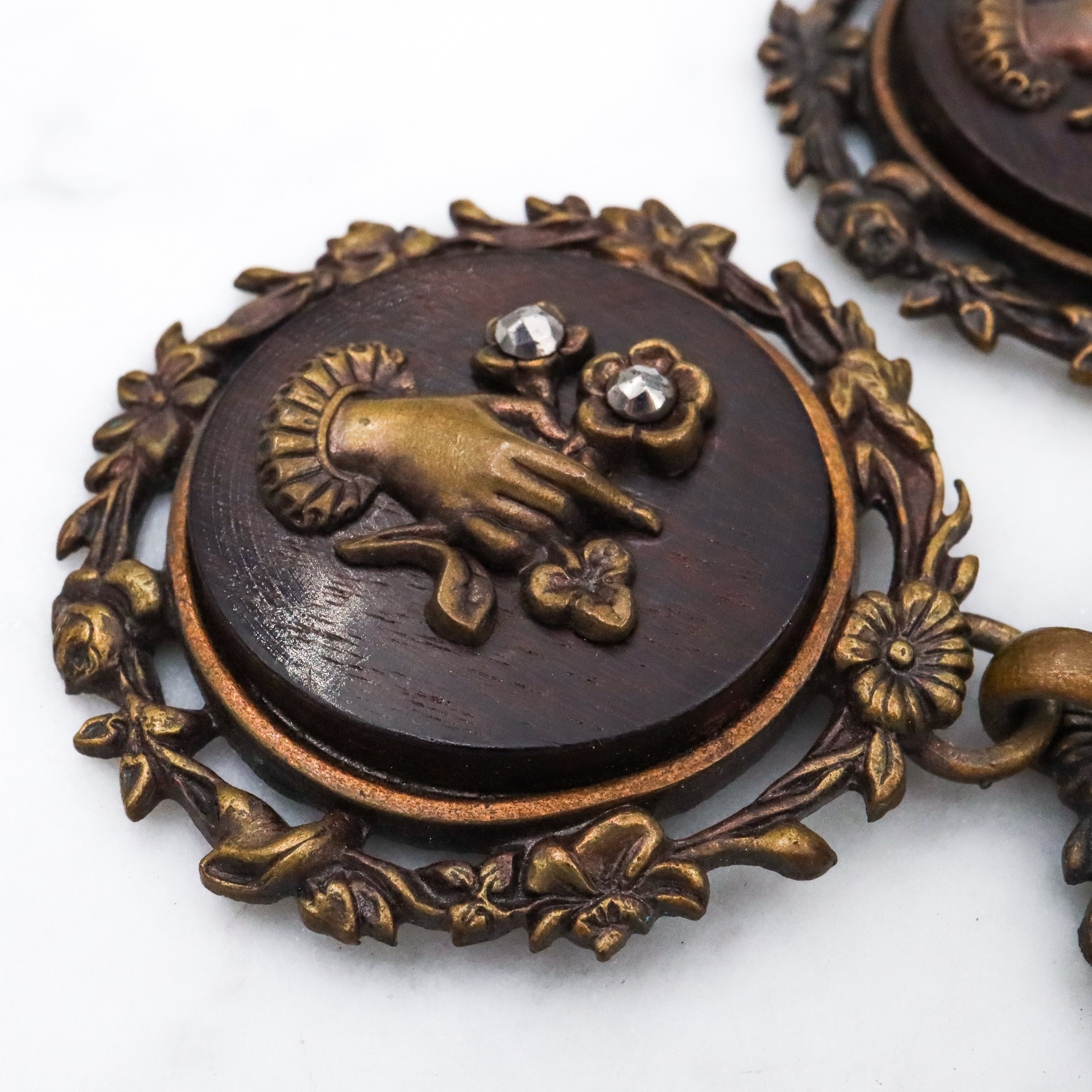 Group of two Antique Victorian brass, wood, & cut steel buckles