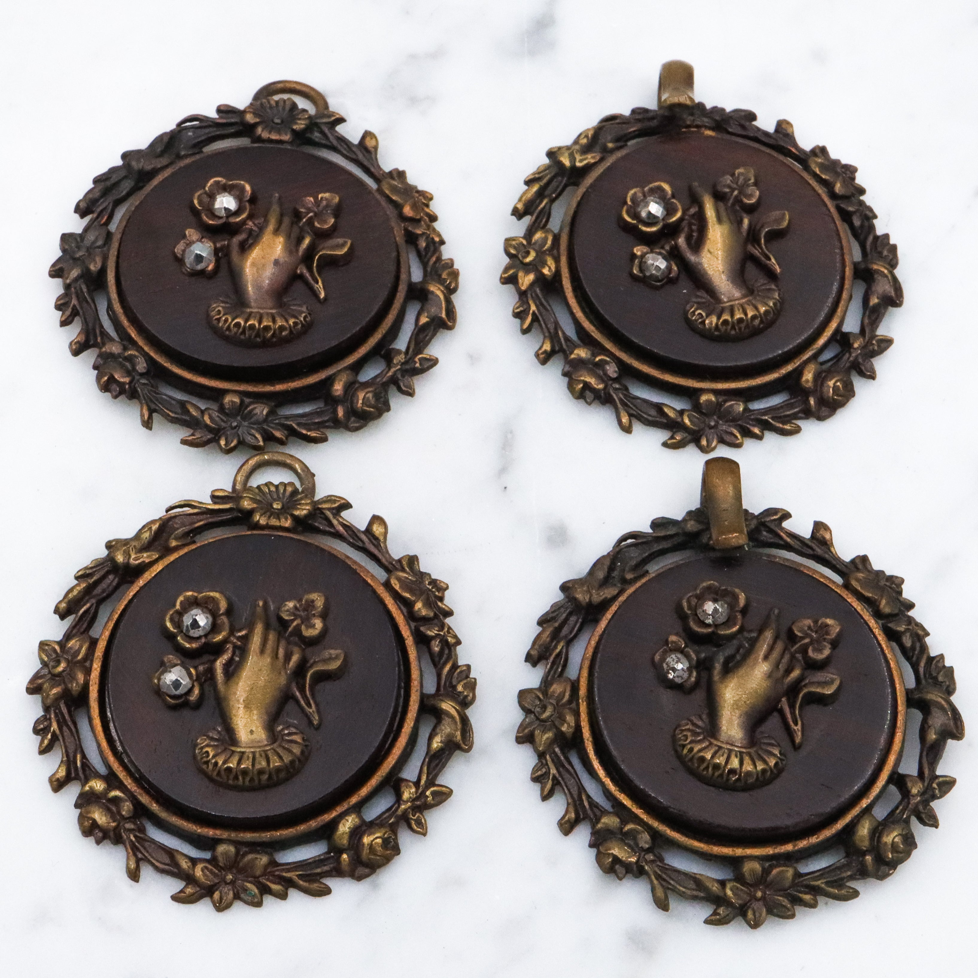 Group of two Antique Victorian brass, wood, & cut steel buckles