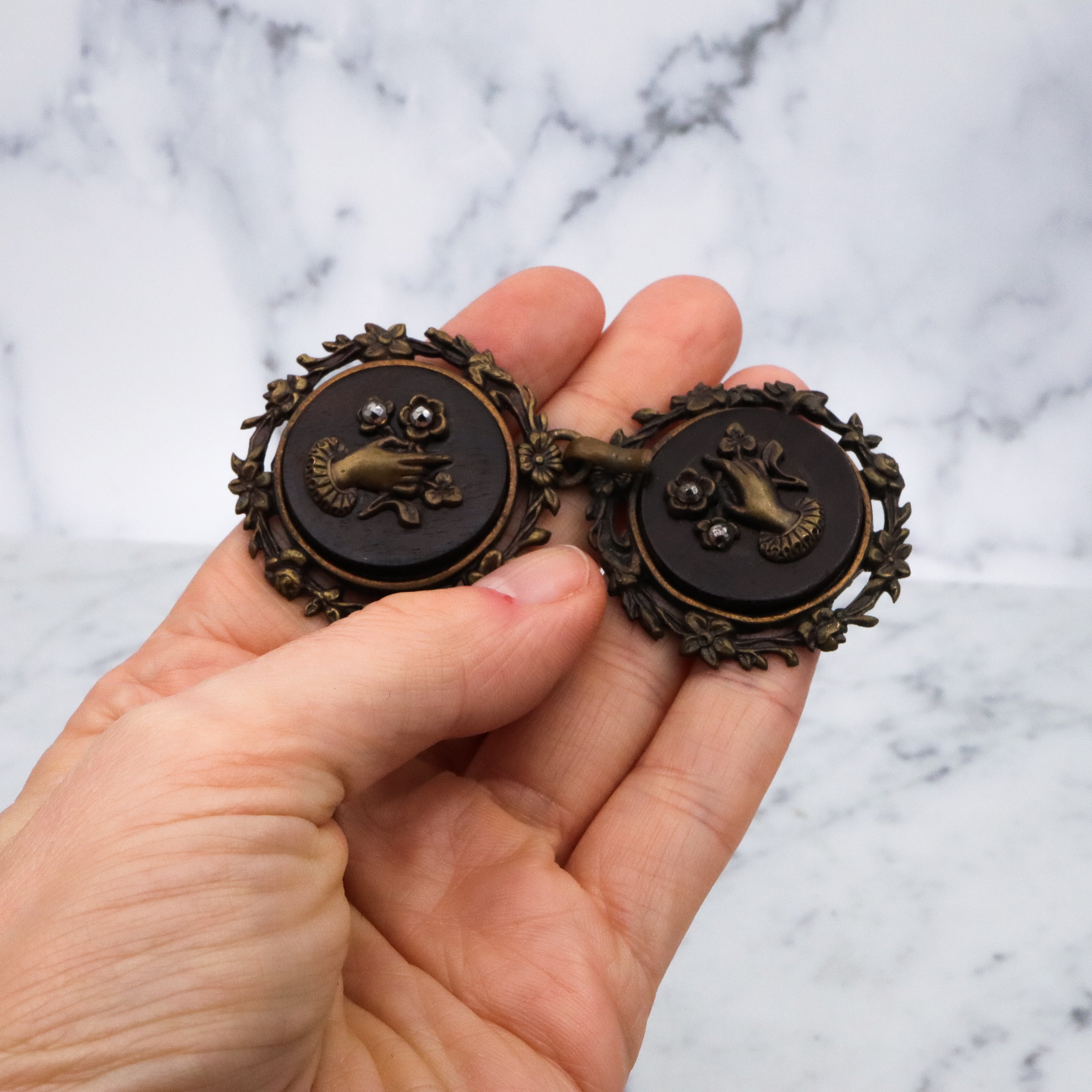 Group of two Antique Victorian brass, wood, & cut steel buckles