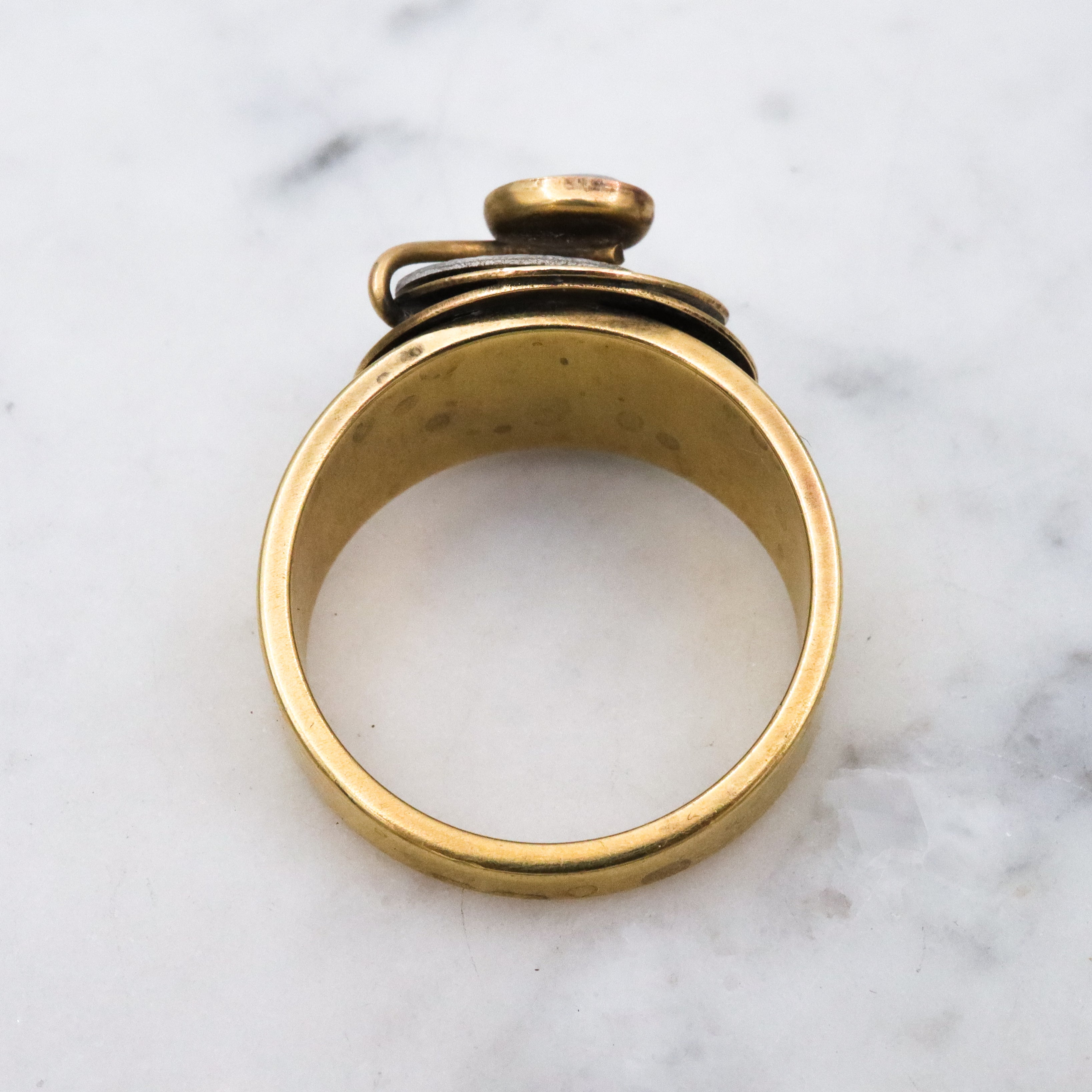 MCM studio artist geometric brass ring w/moonstone, size 10