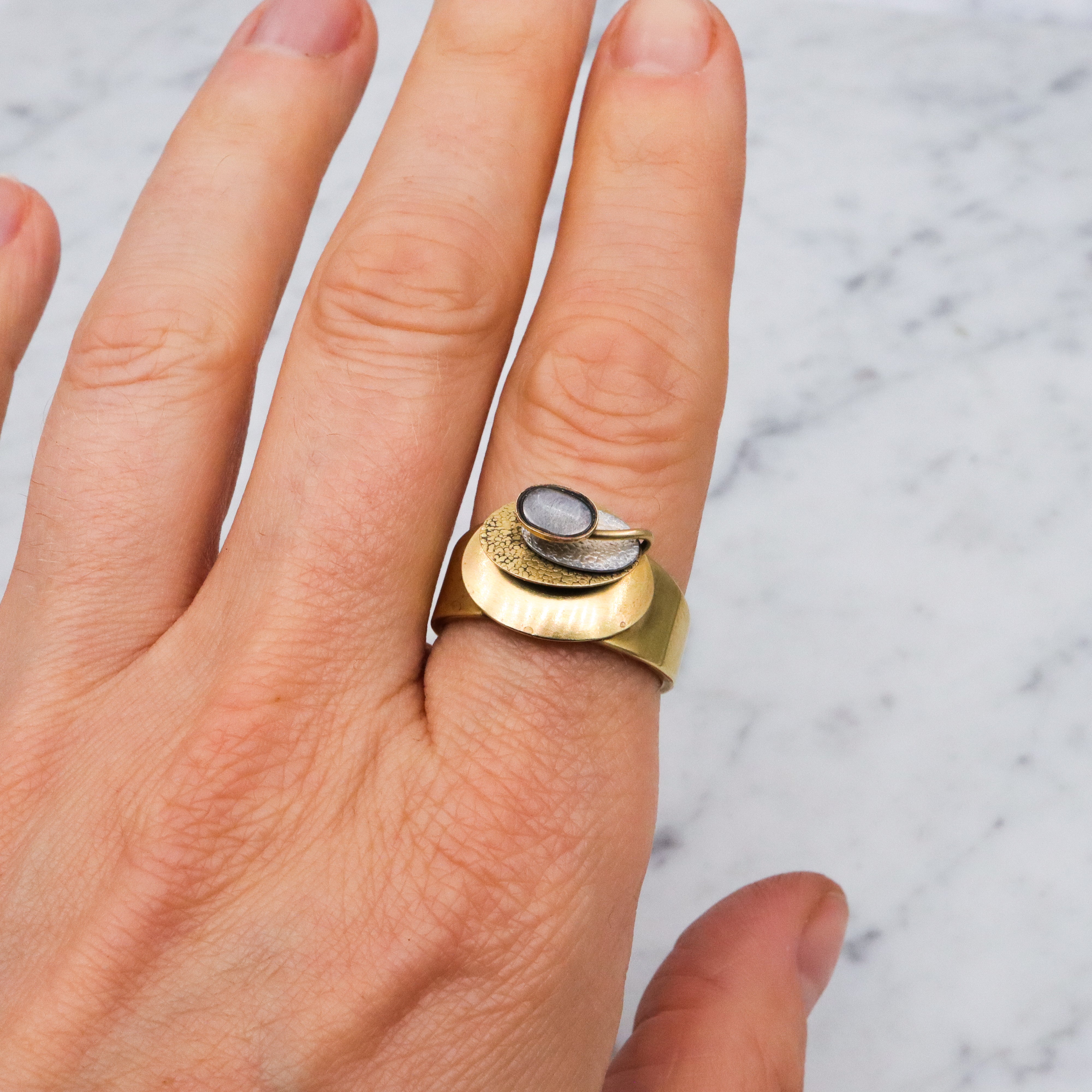 MCM studio artist geometric brass ring w/moonstone, size 10