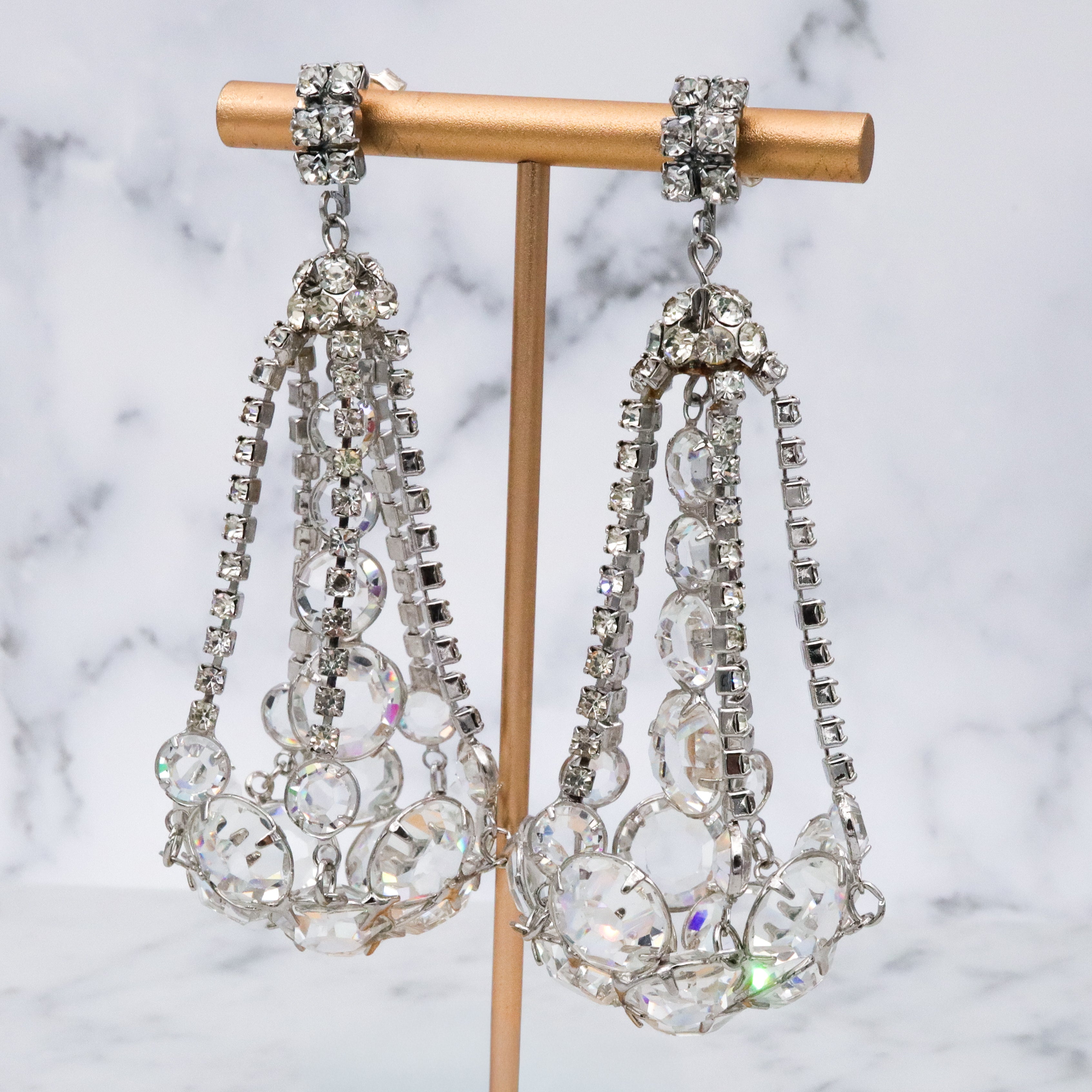 Massive Art Deco dimensional chandelier open back crystal drop earrings
