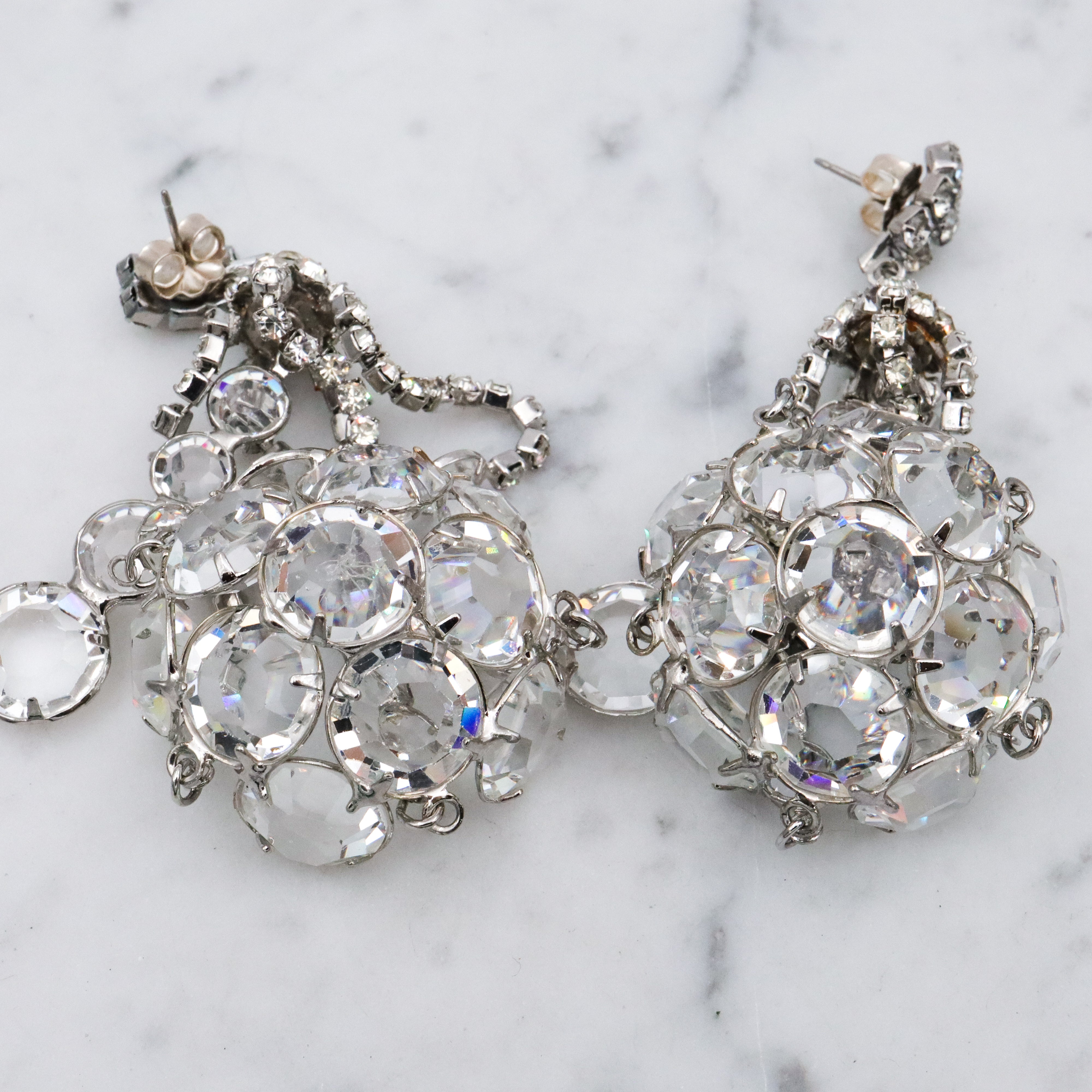 Massive Art Deco dimensional chandelier open back crystal drop earrings