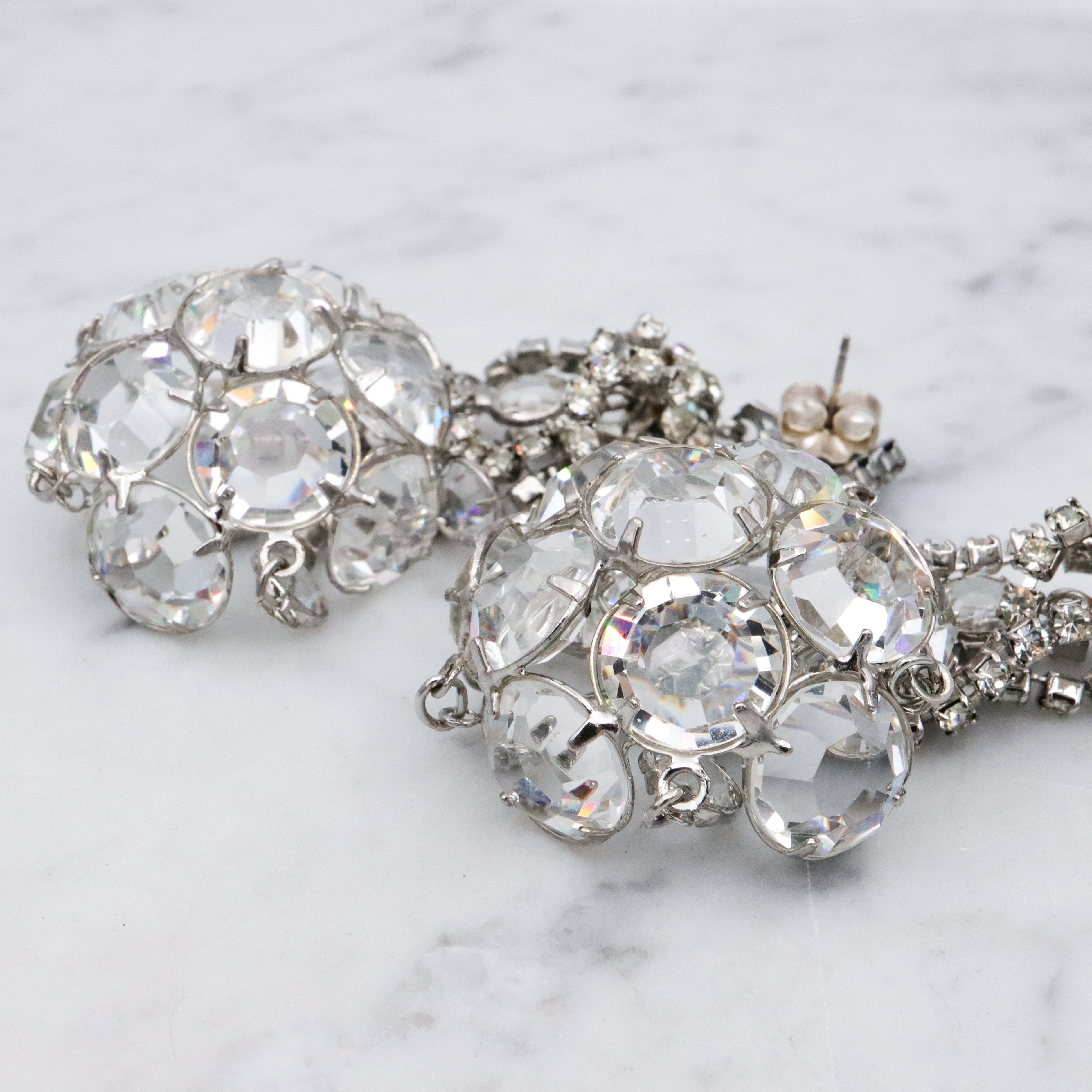 Massive Art Deco dimensional chandelier open back crystal drop earrings