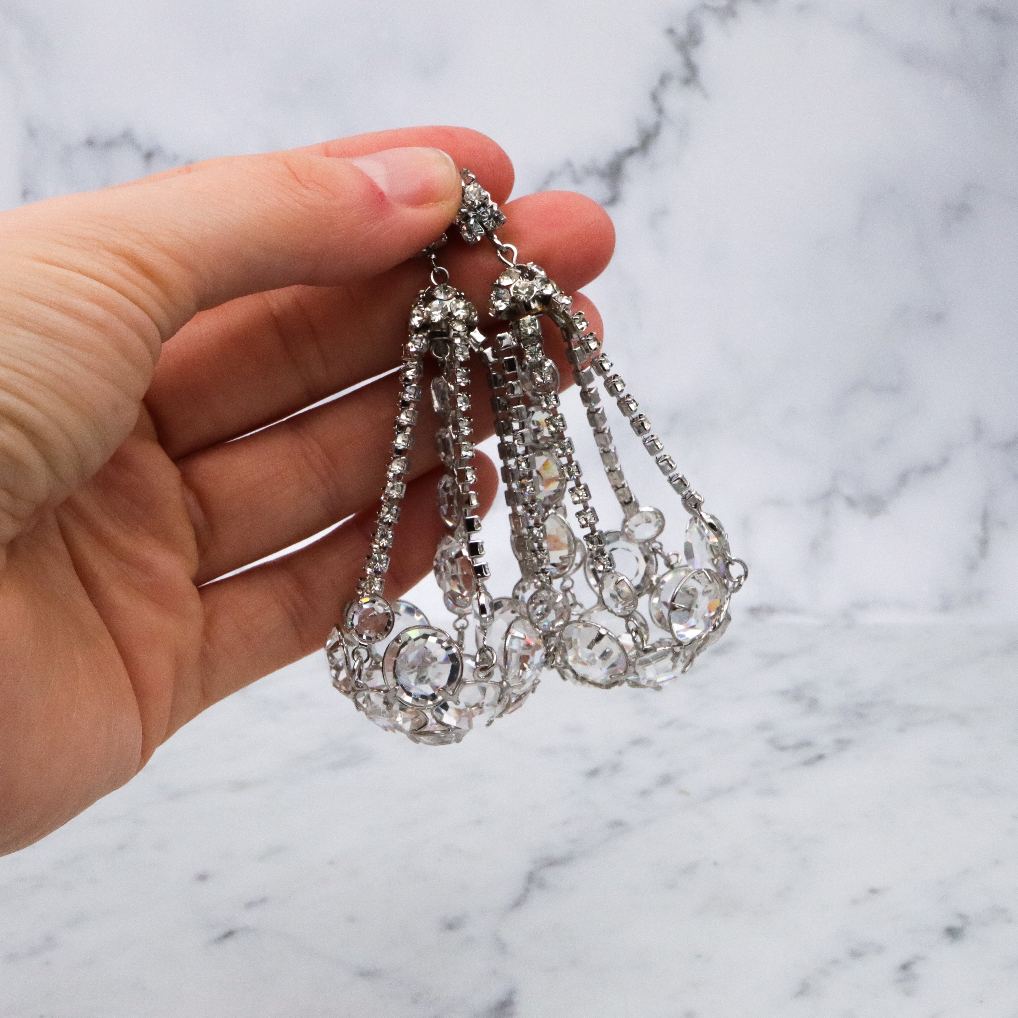 Massive Art Deco dimensional chandelier open back crystal drop earrings