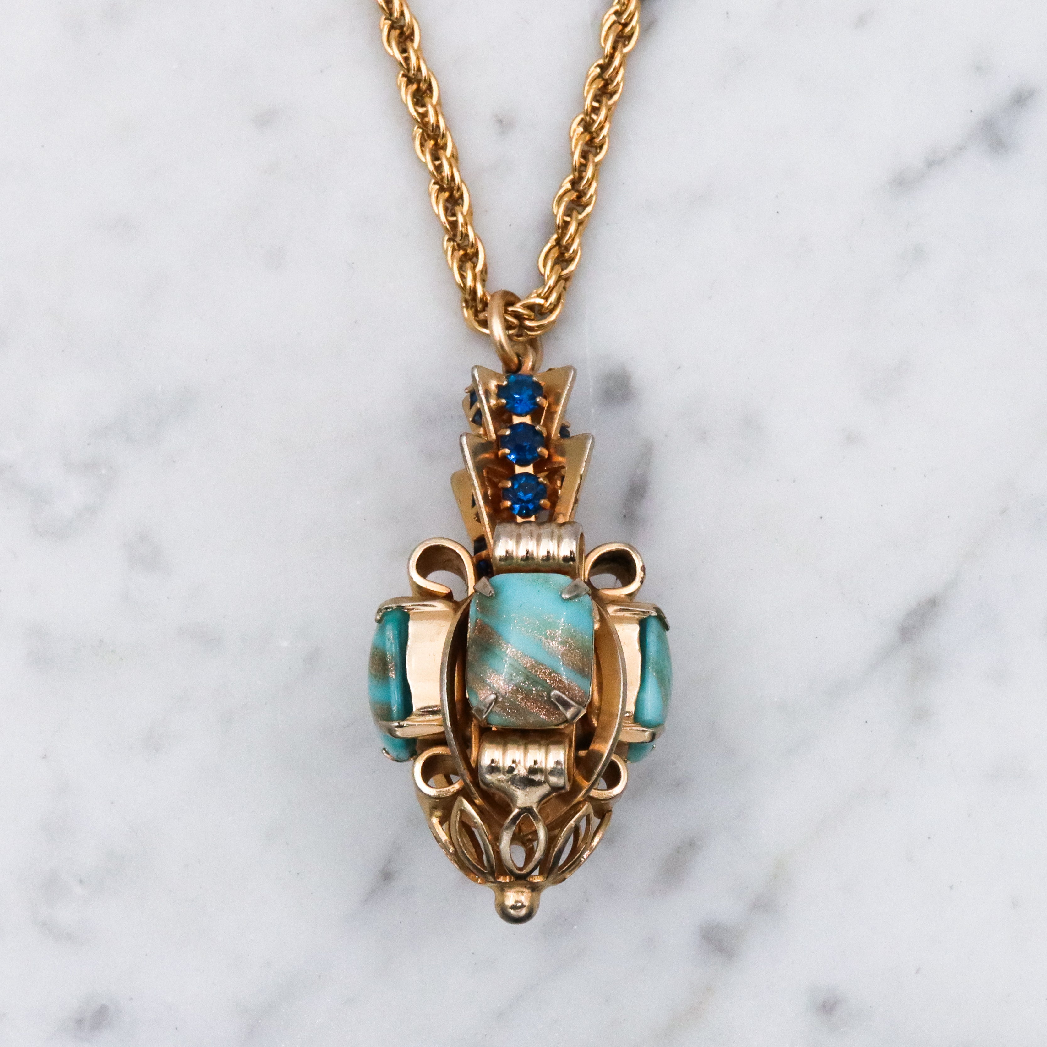 Mid Century turquoise art glass & sapphire rhinestone geometric drop pendant necklace