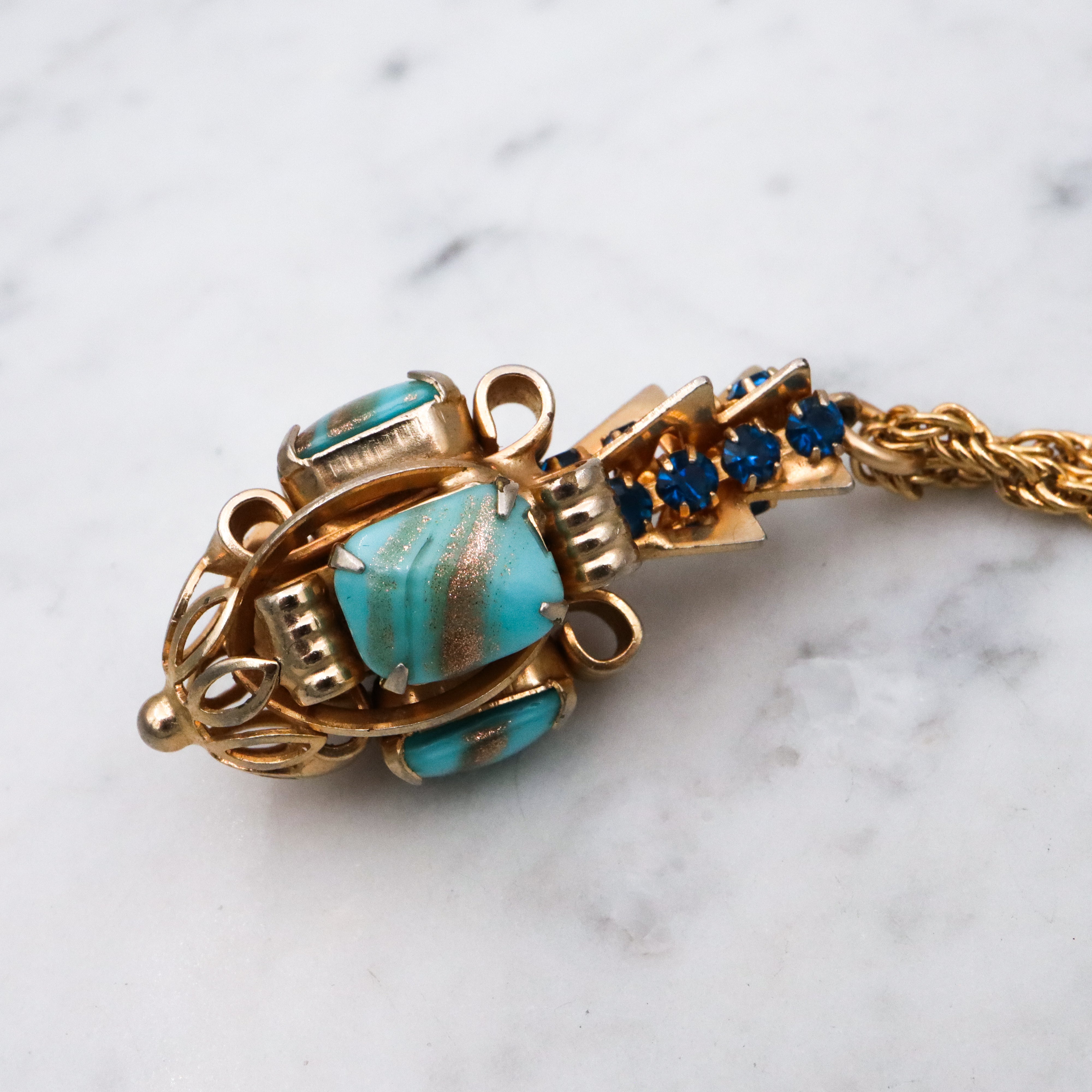 Mid Century turquoise art glass & sapphire rhinestone geometric drop pendant necklace