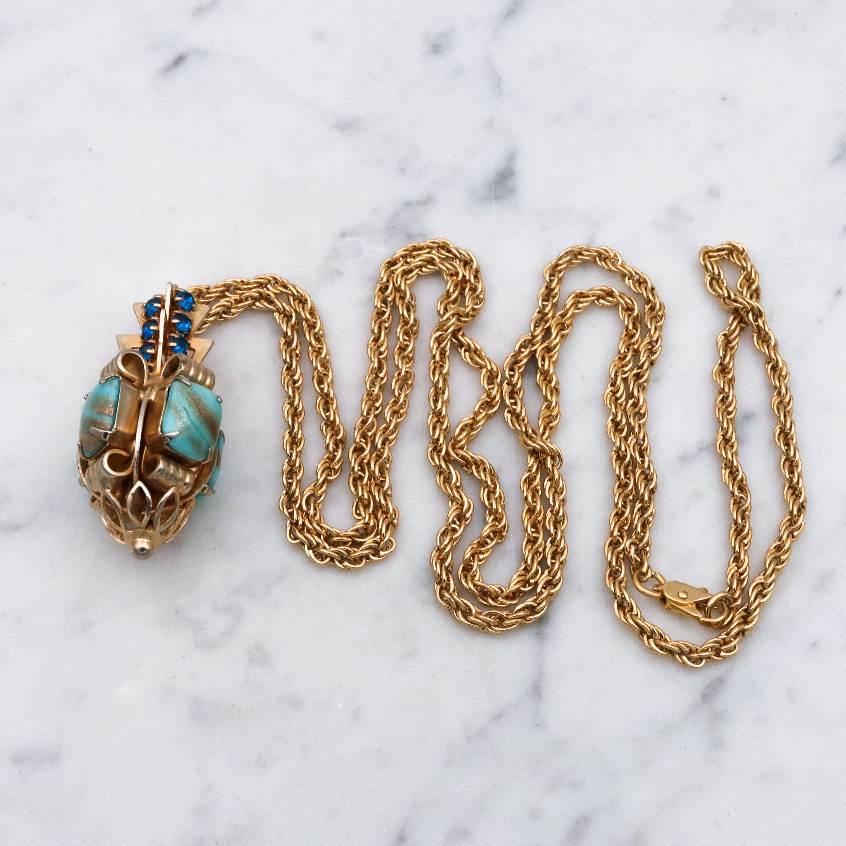 Mid Century turquoise art glass & sapphire rhinestone geometric drop pendant necklace