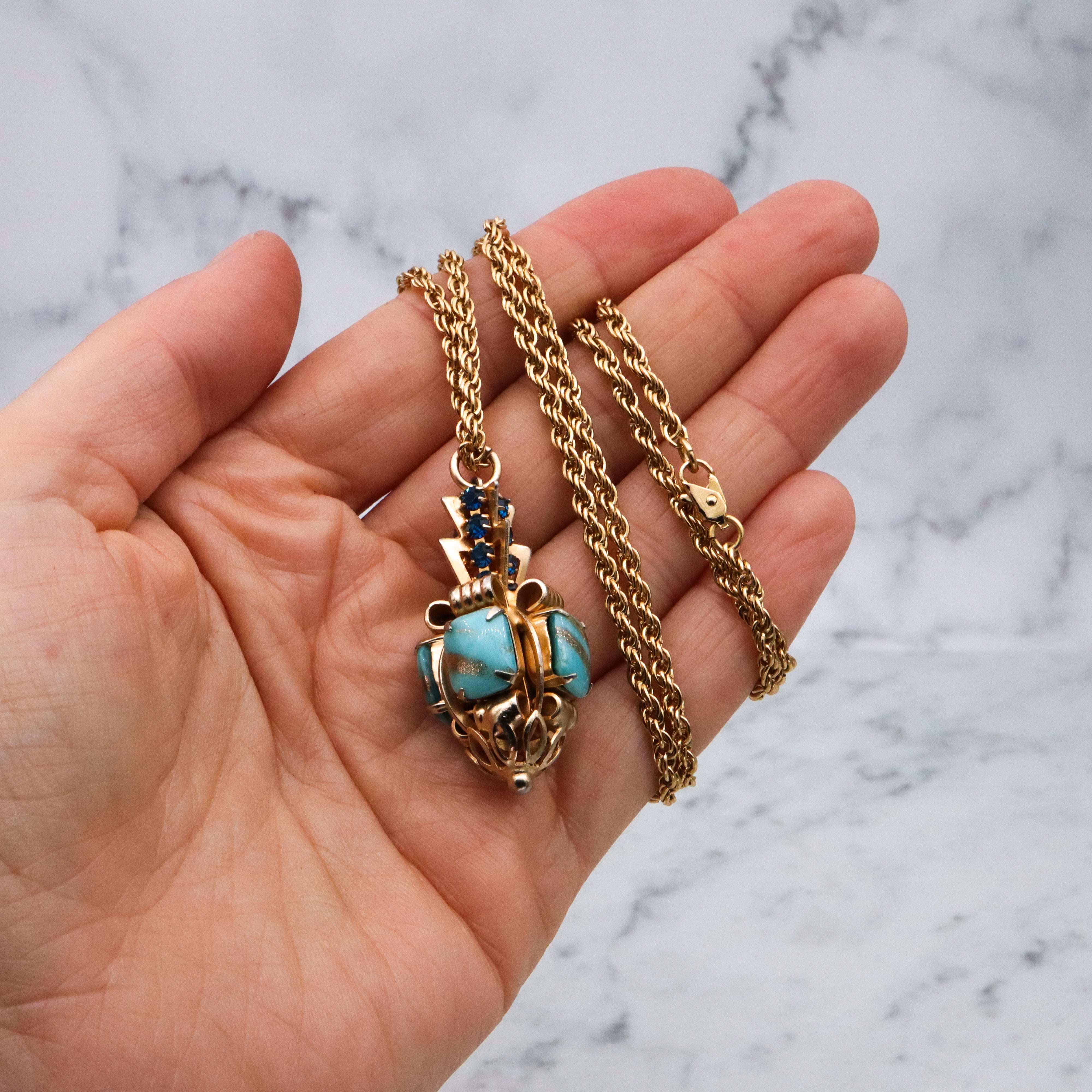 Mid Century turquoise art glass & sapphire rhinestone geometric drop pendant necklace