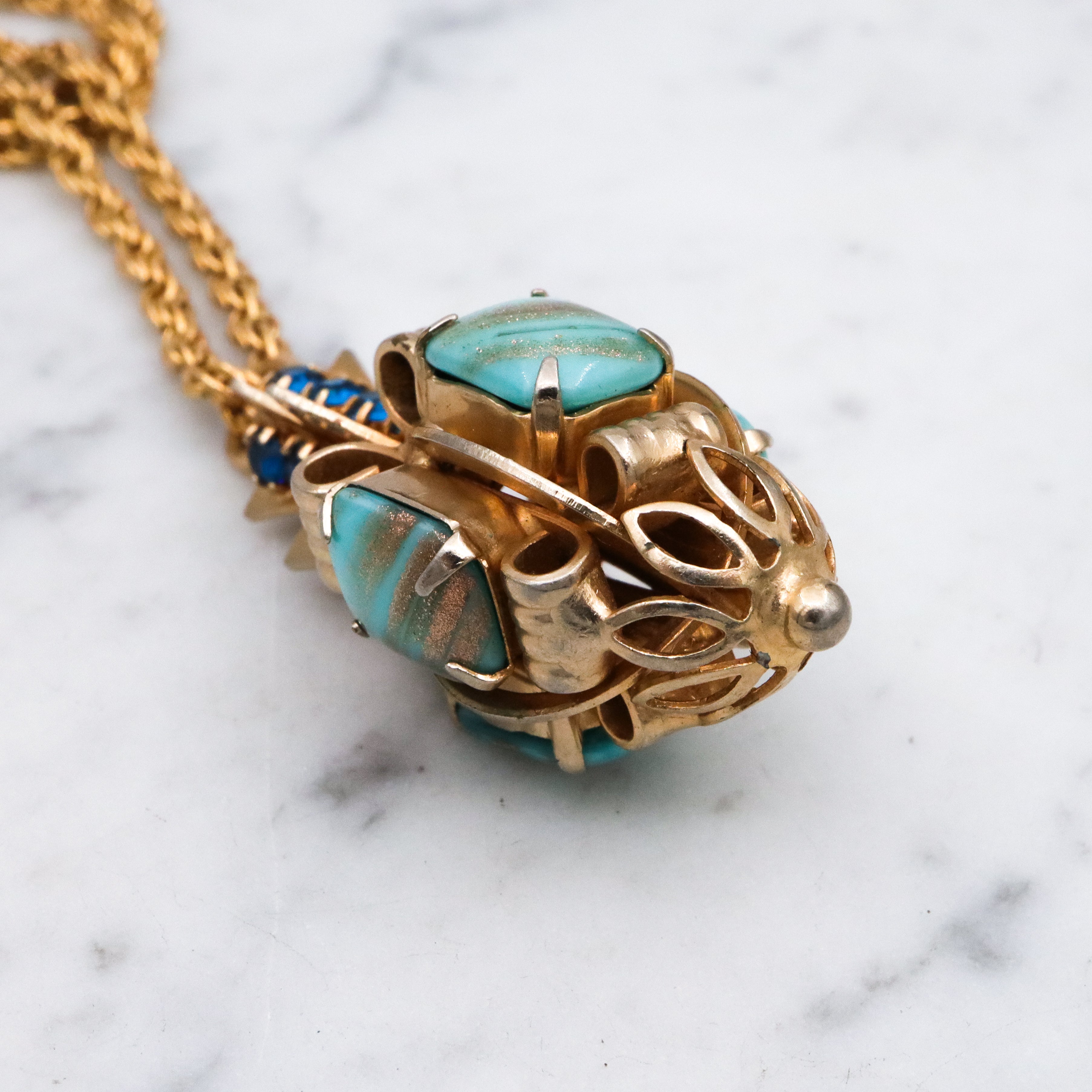 Mid Century turquoise art glass & sapphire rhinestone geometric drop pendant necklace