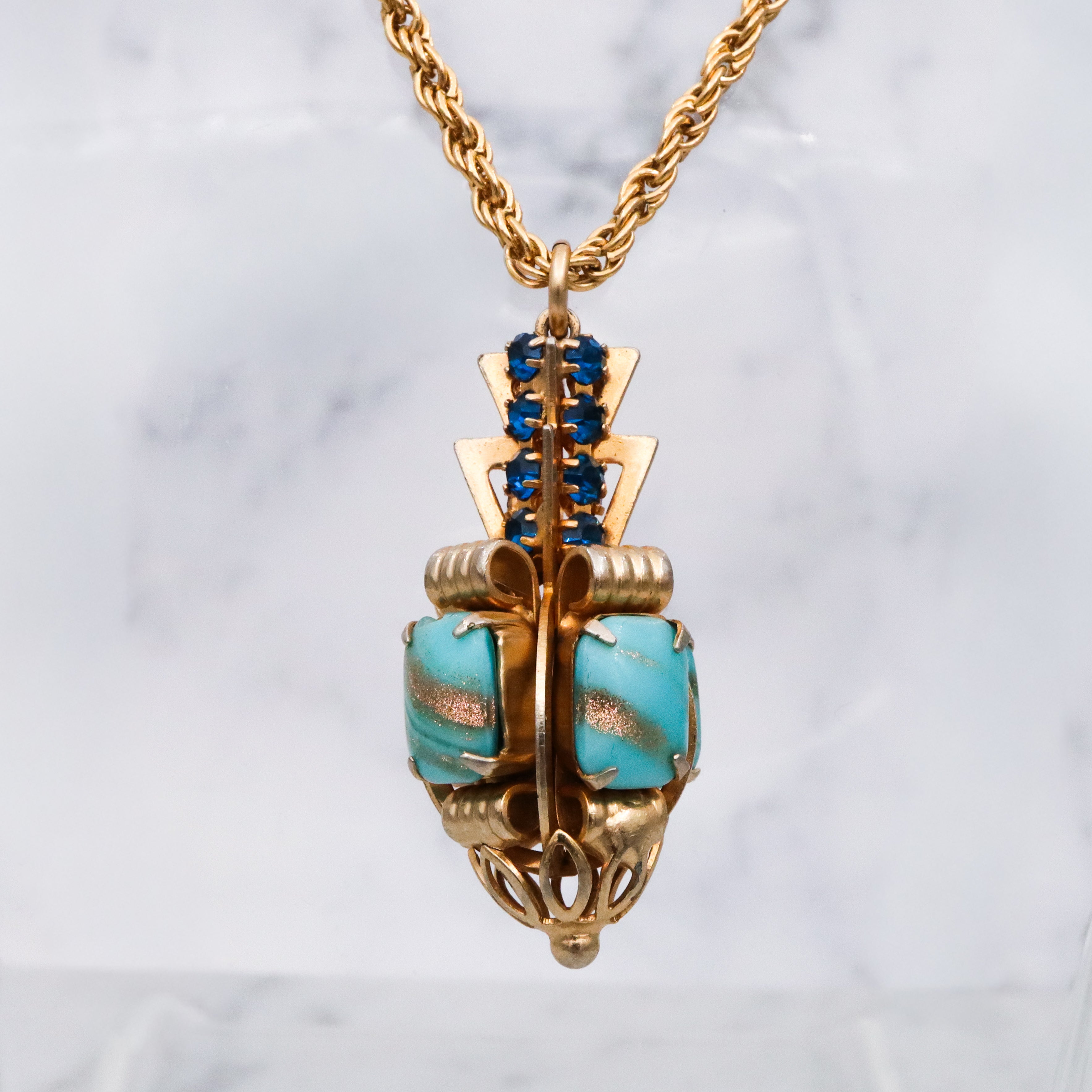 Mid Century turquoise art glass & sapphire rhinestone geometric drop pendant necklace