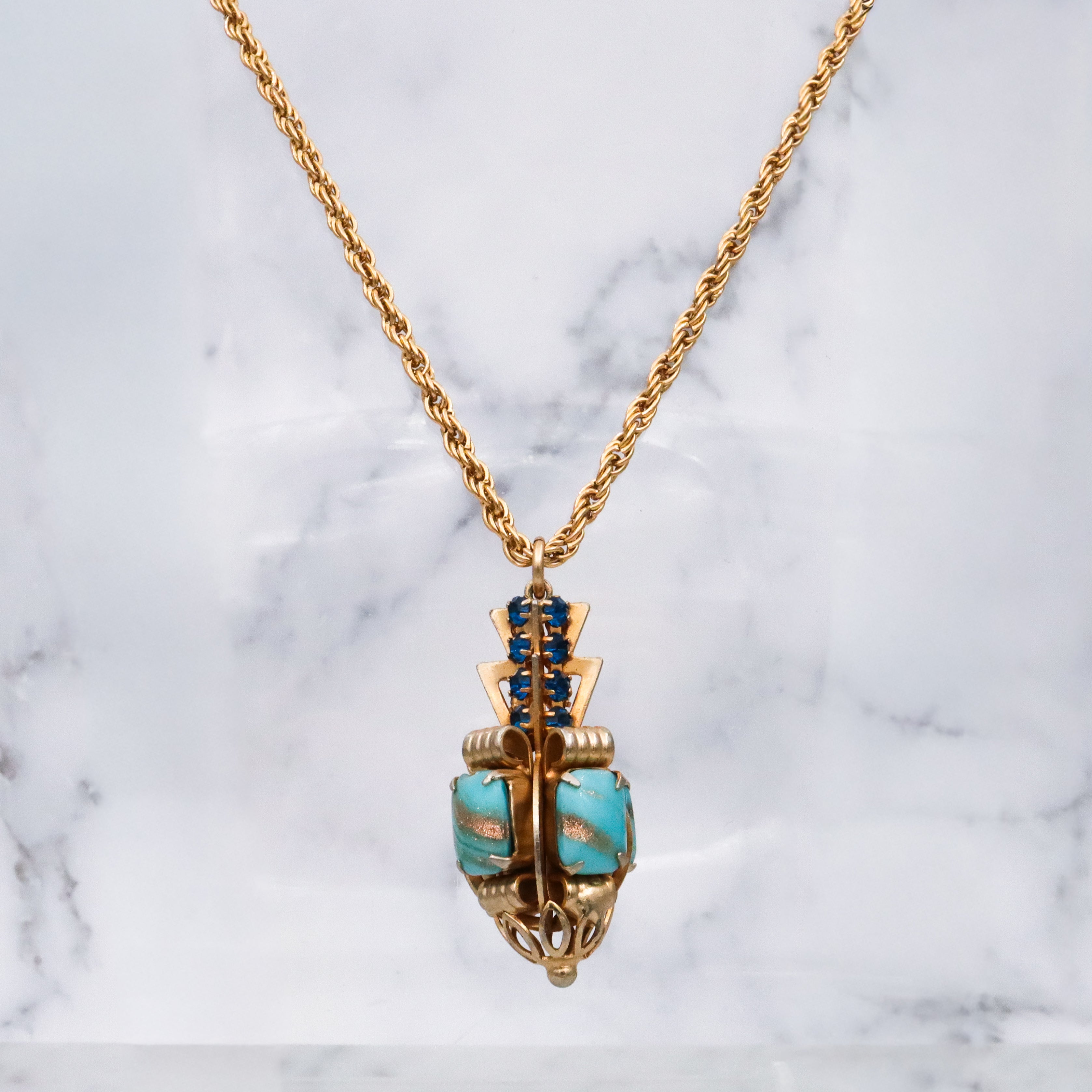 Mid Century turquoise art glass & sapphire rhinestone geometric drop pendant necklace