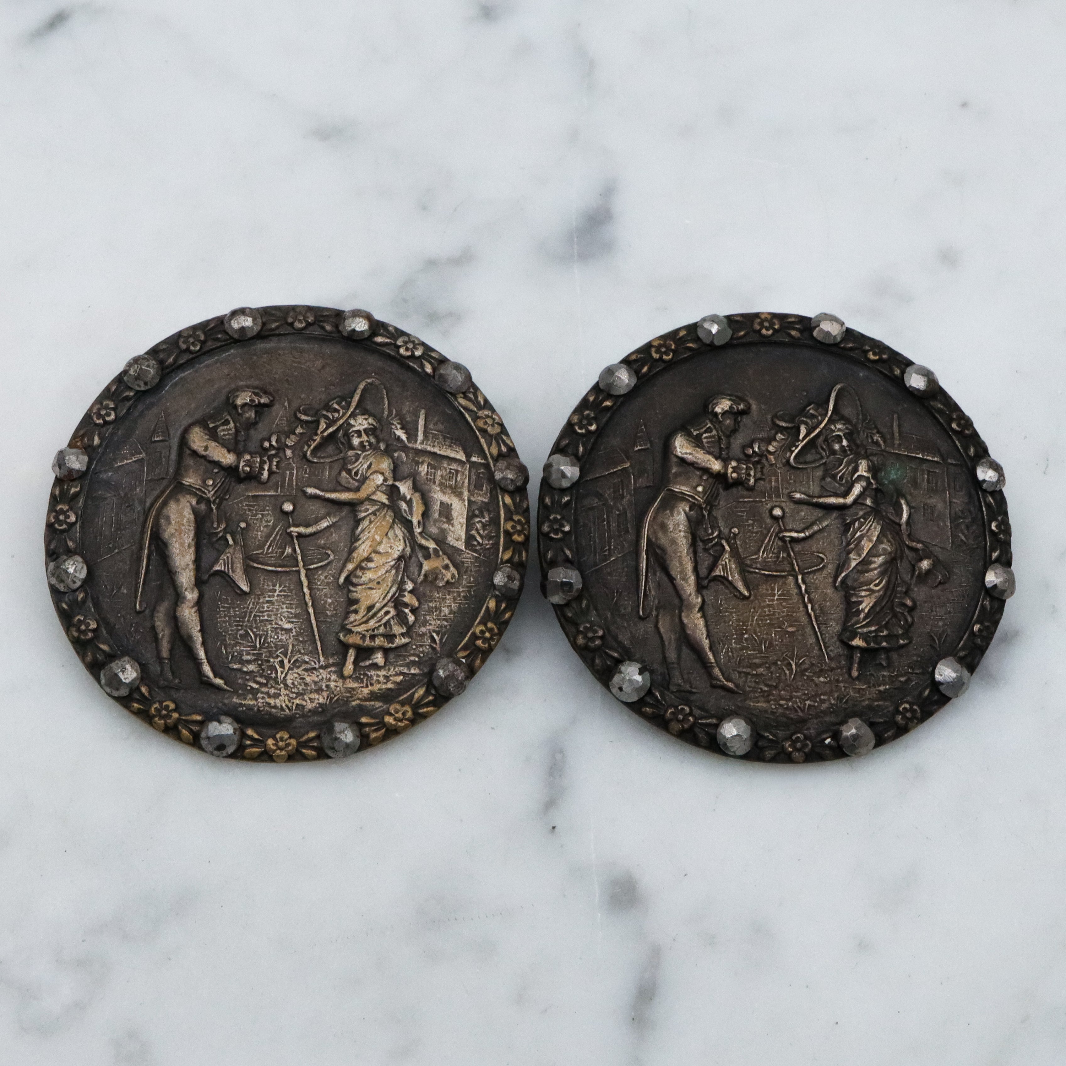 Pair of large Antique French Victorian Fop brass picture buttons w/cut steel