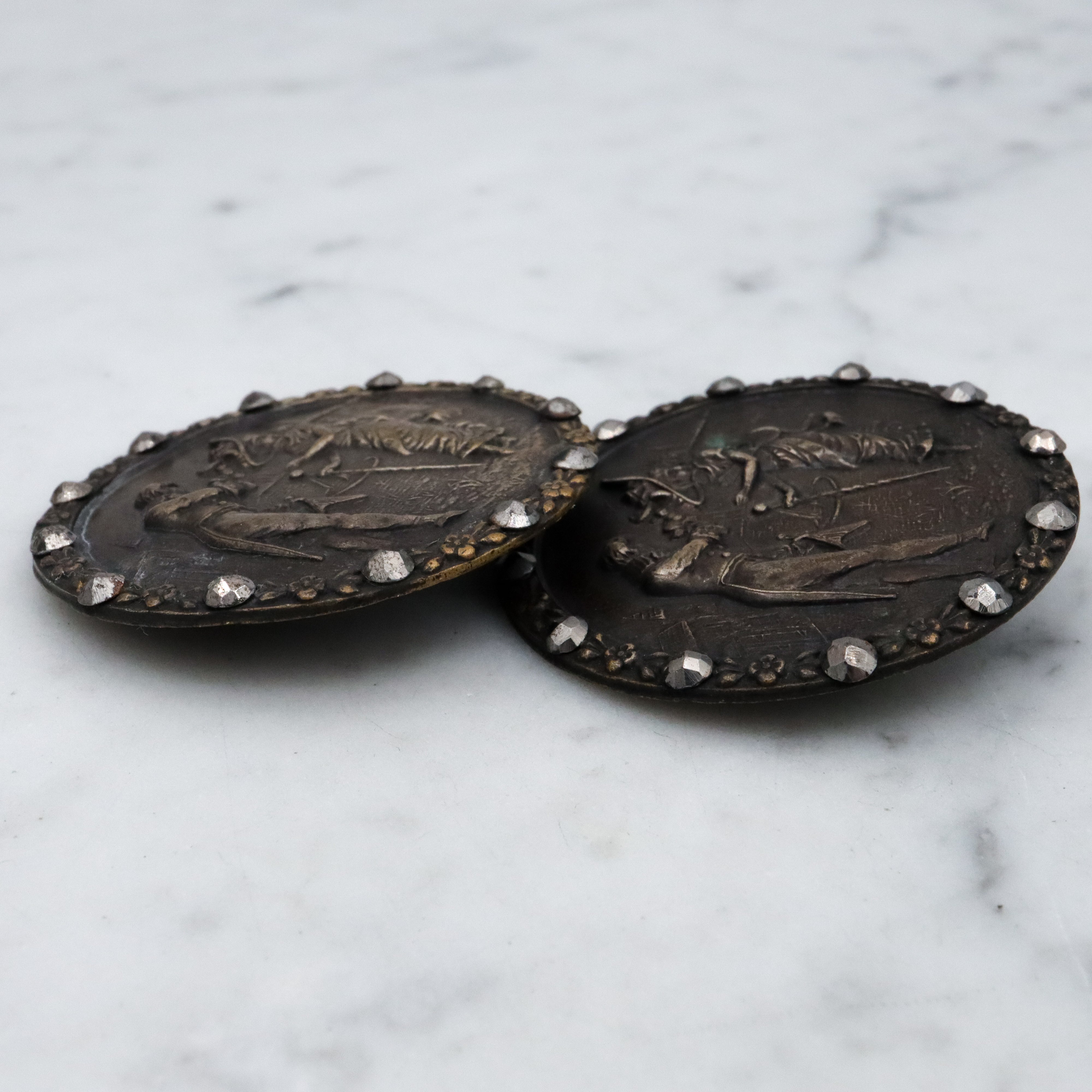 Pair of large Antique French Victorian Fop brass picture buttons w/cut steel