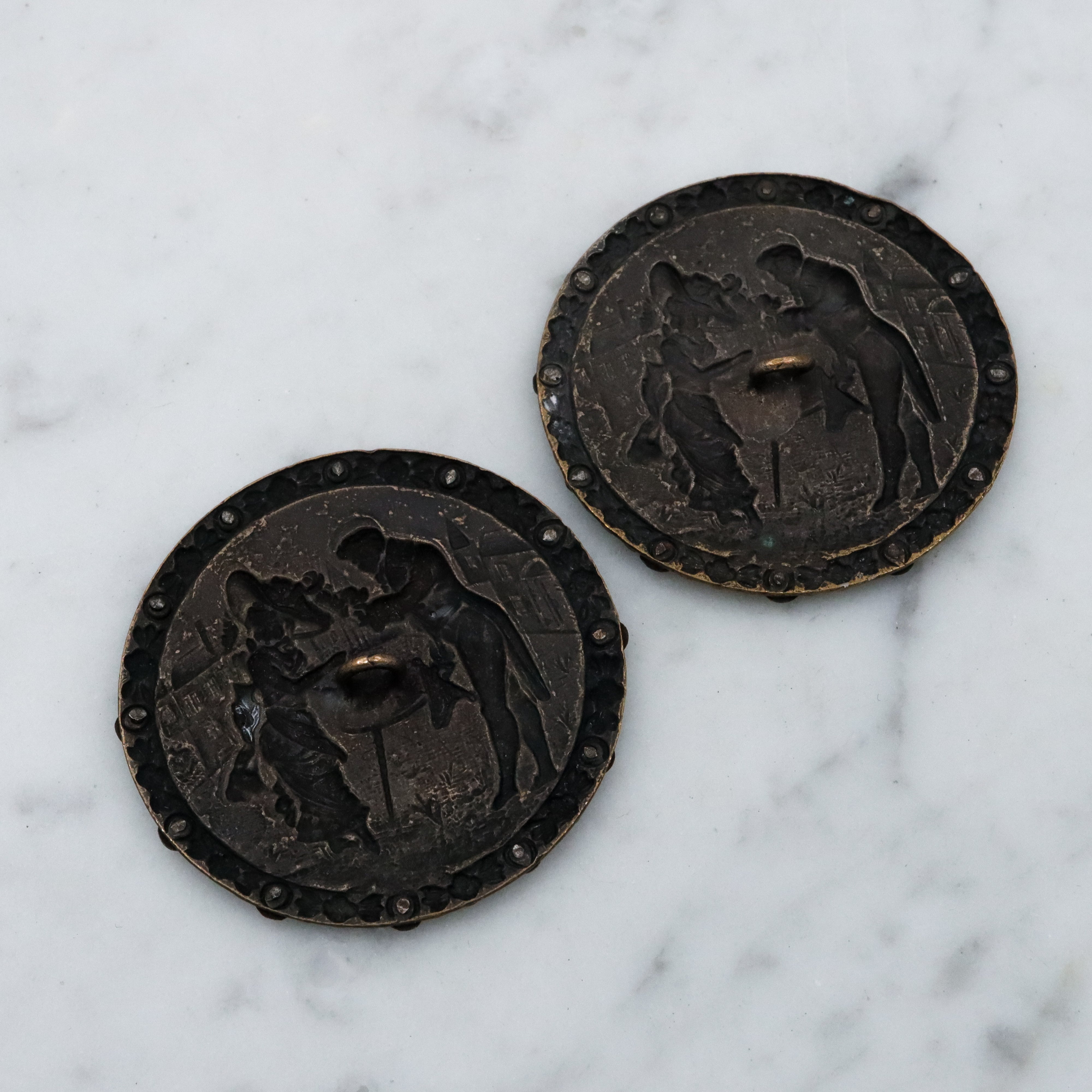 Pair of large Antique French Victorian Fop brass picture buttons w/cut steel