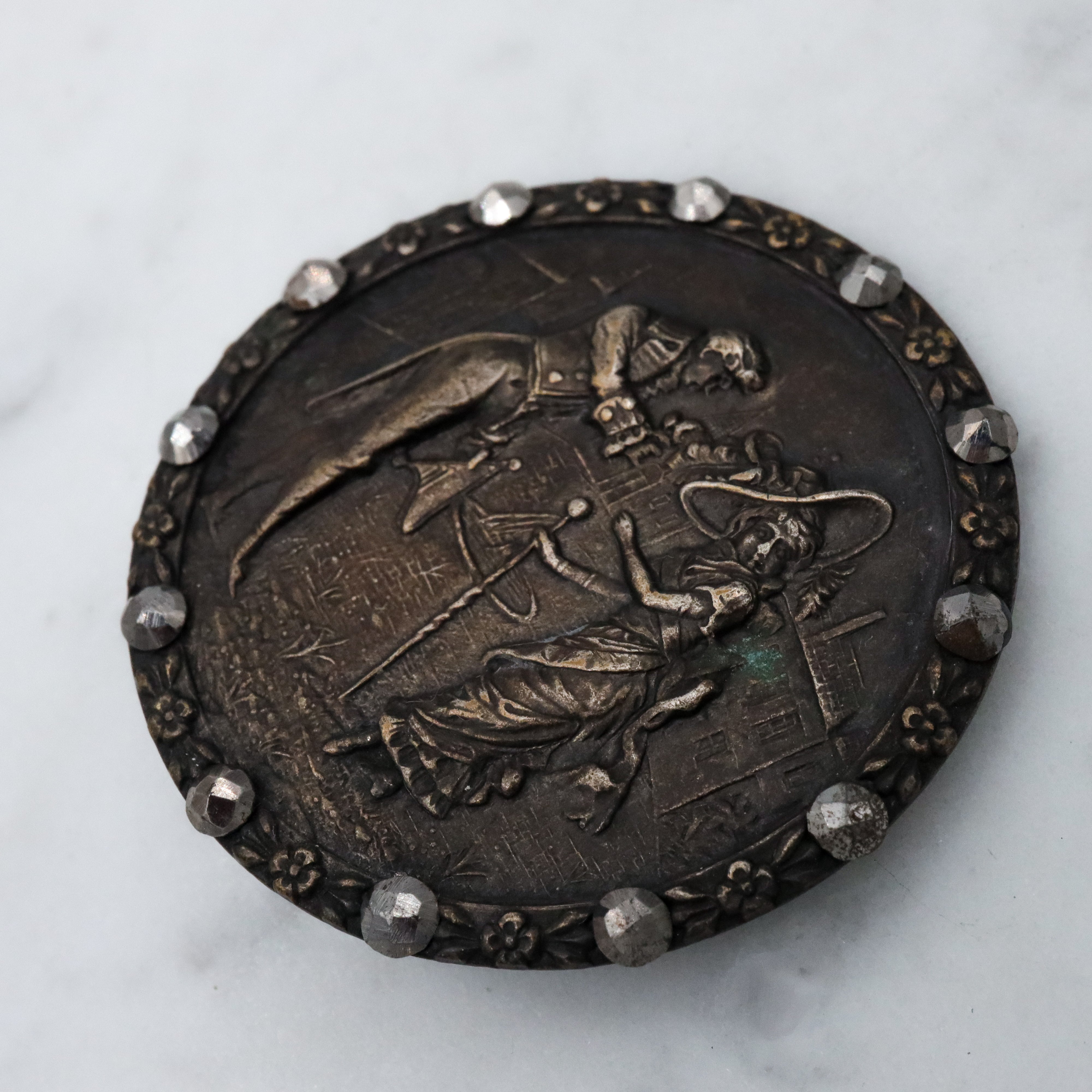 Pair of large Antique French Victorian Fop brass picture buttons w/cut steel