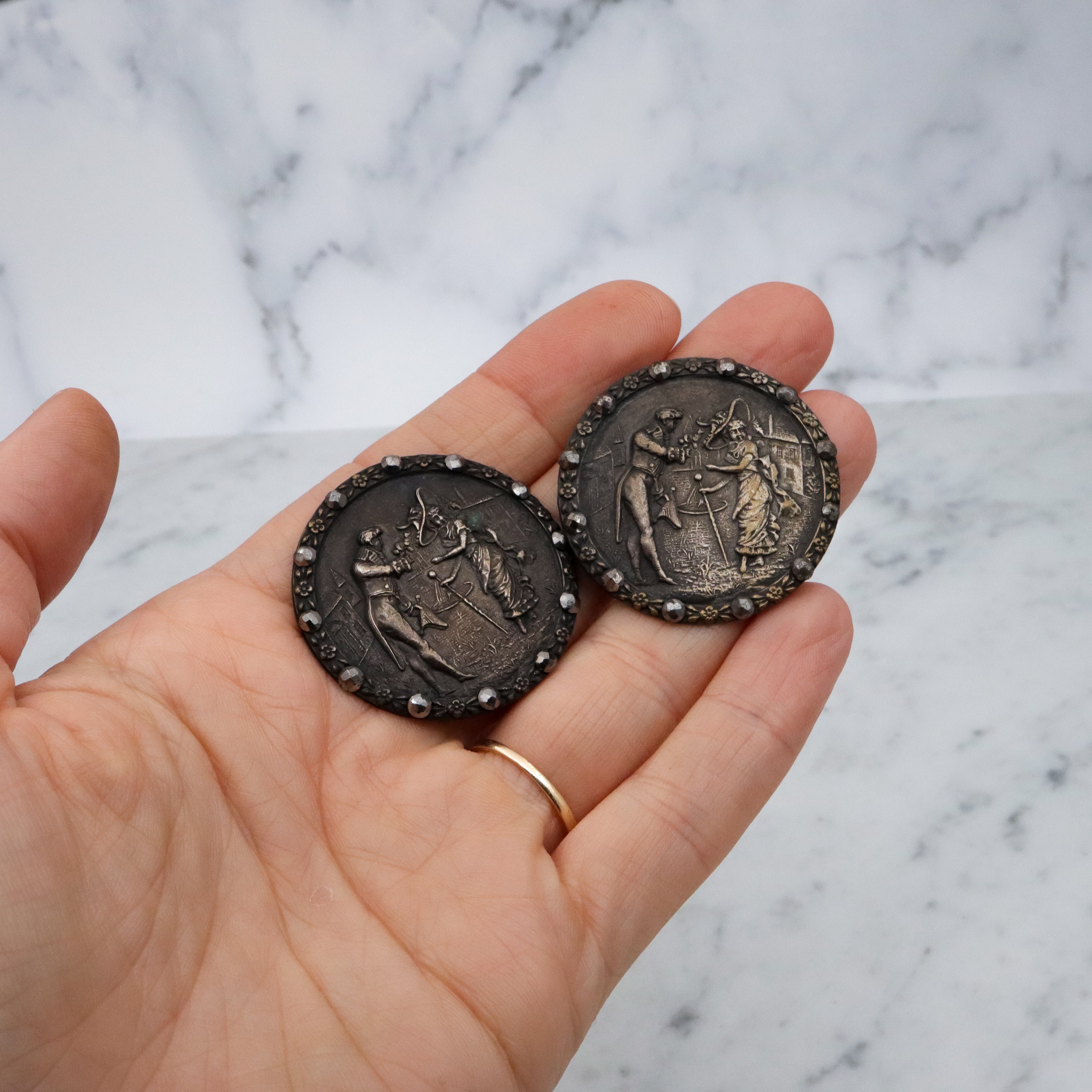 Pair of large Antique French Victorian Fop brass picture buttons w/cut steel